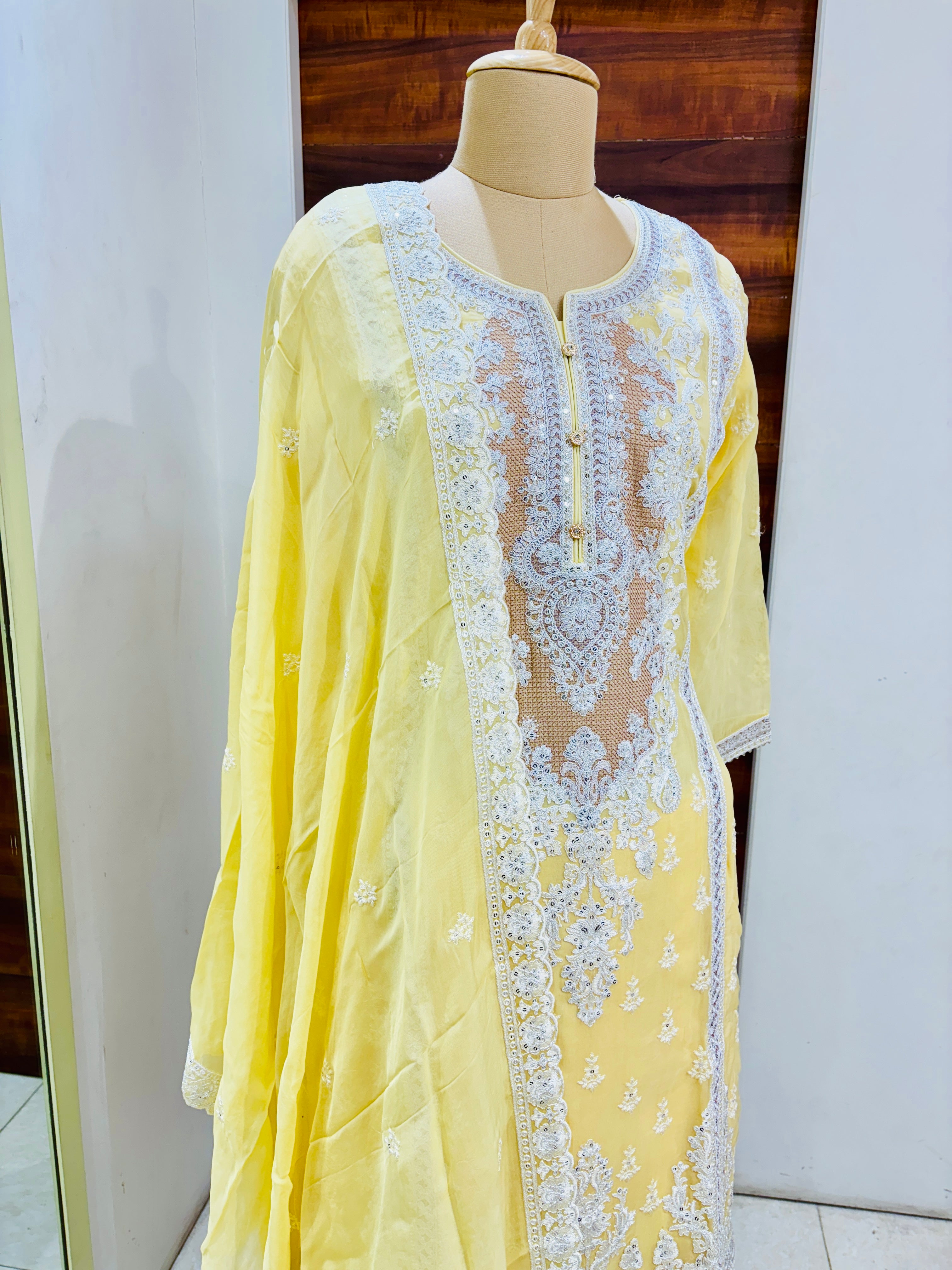 Bright Yellow Embroidered Organza Suit Set