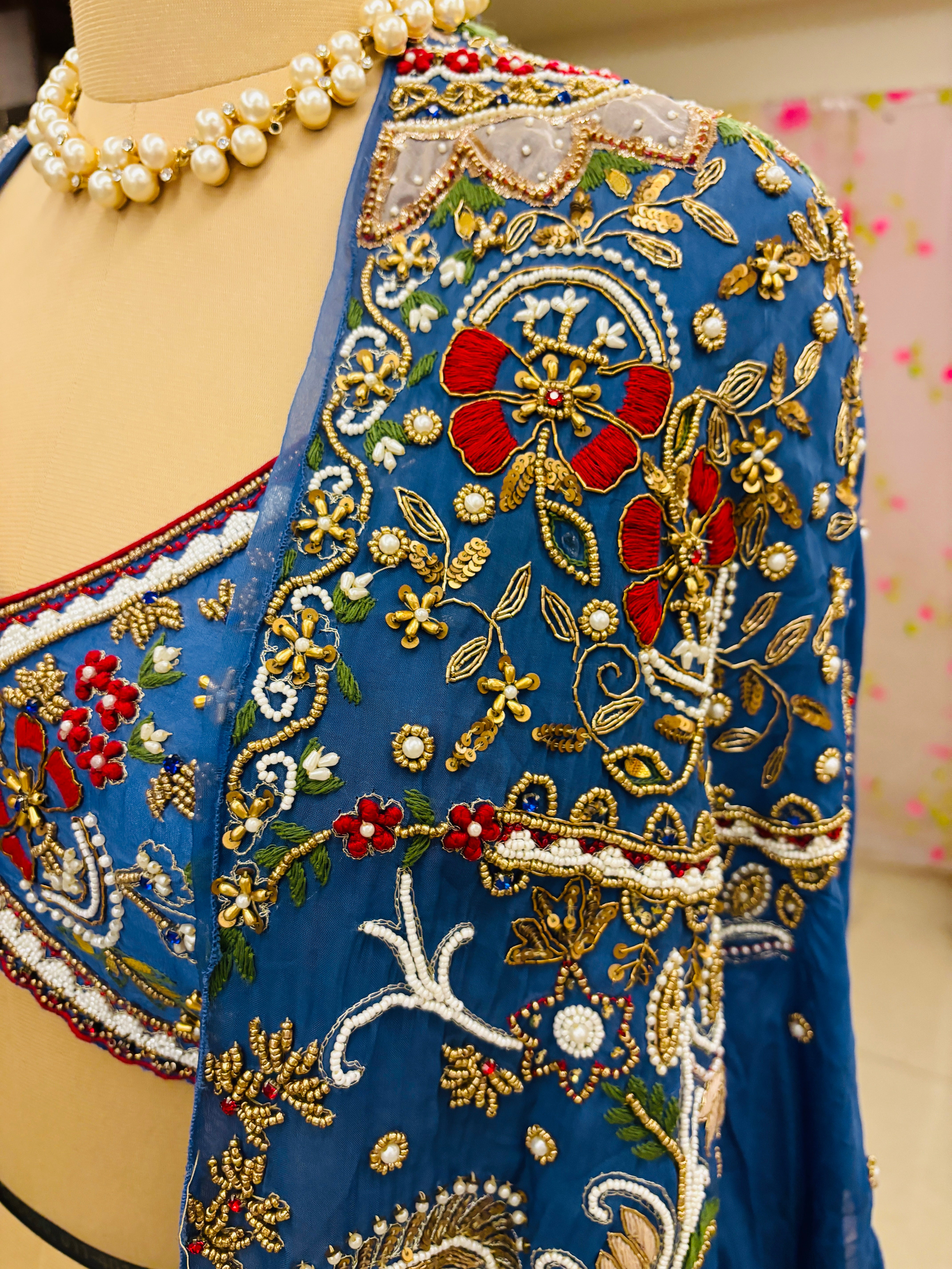 Dark Blue Raw Silk Hand Work Lehenga With Shrug