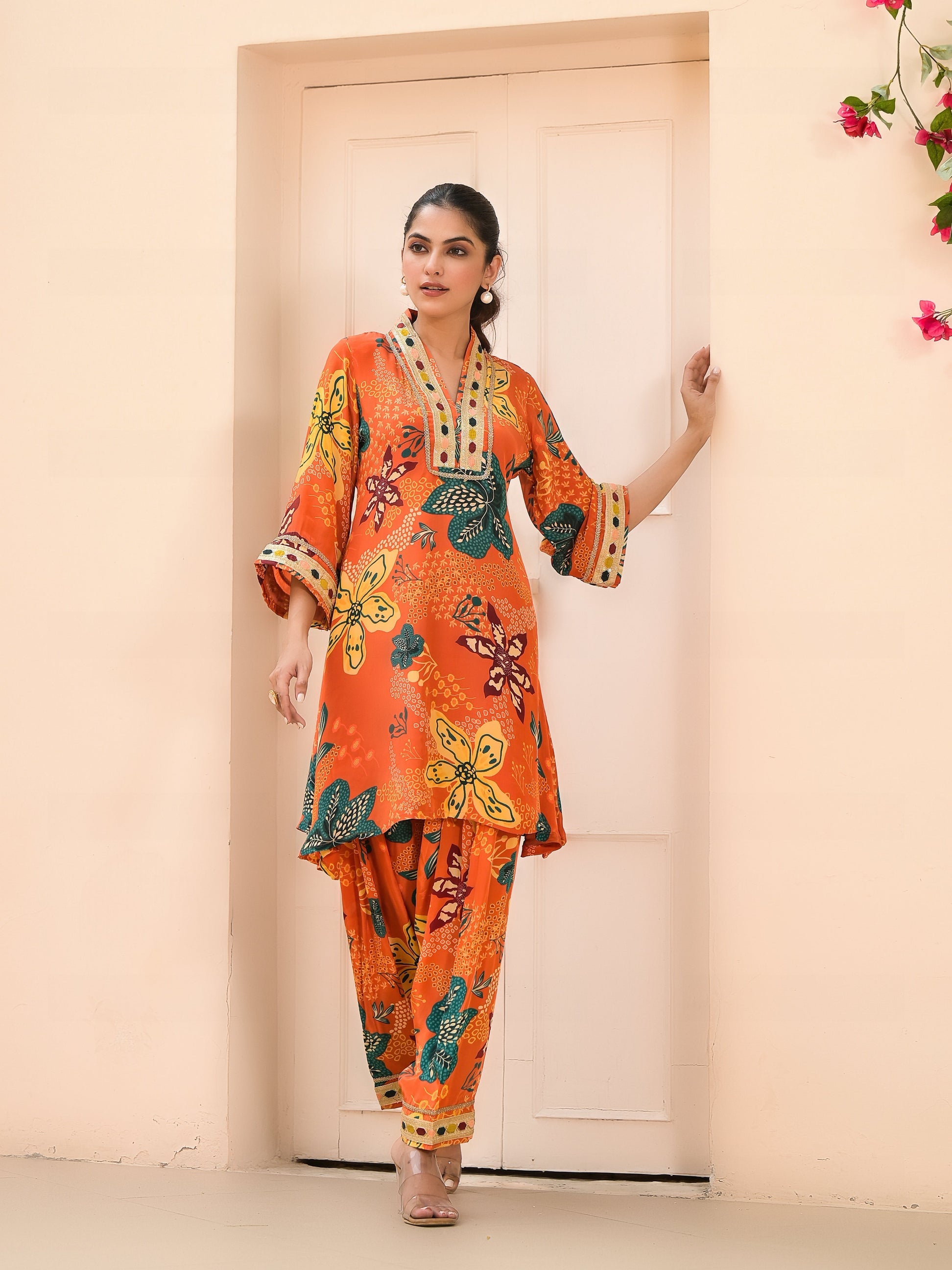 Orange Floral & Embellished Tunic with Tulip Pants