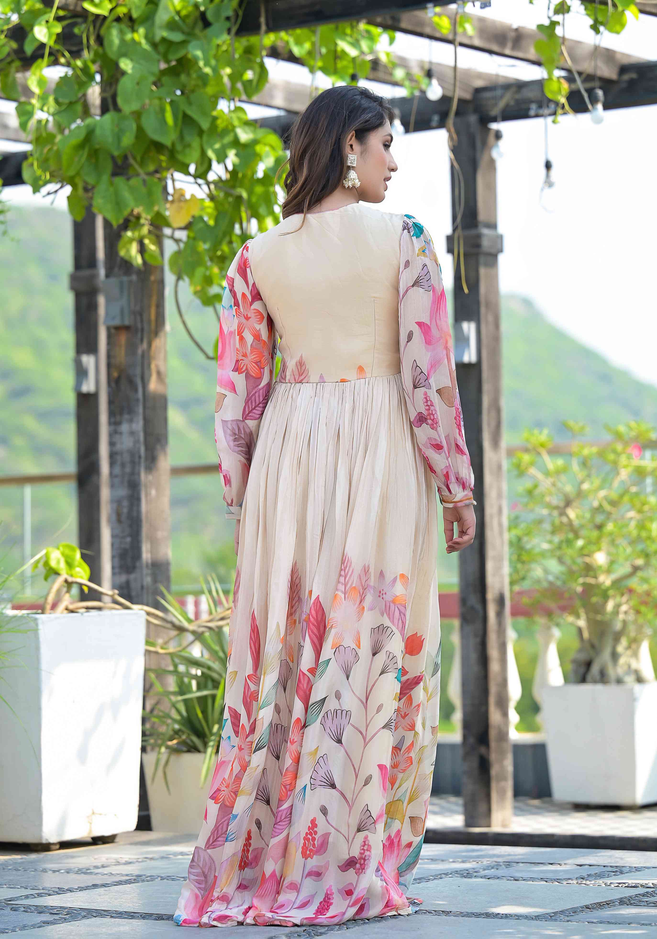 Cream Silk Floral Print Designer Gown