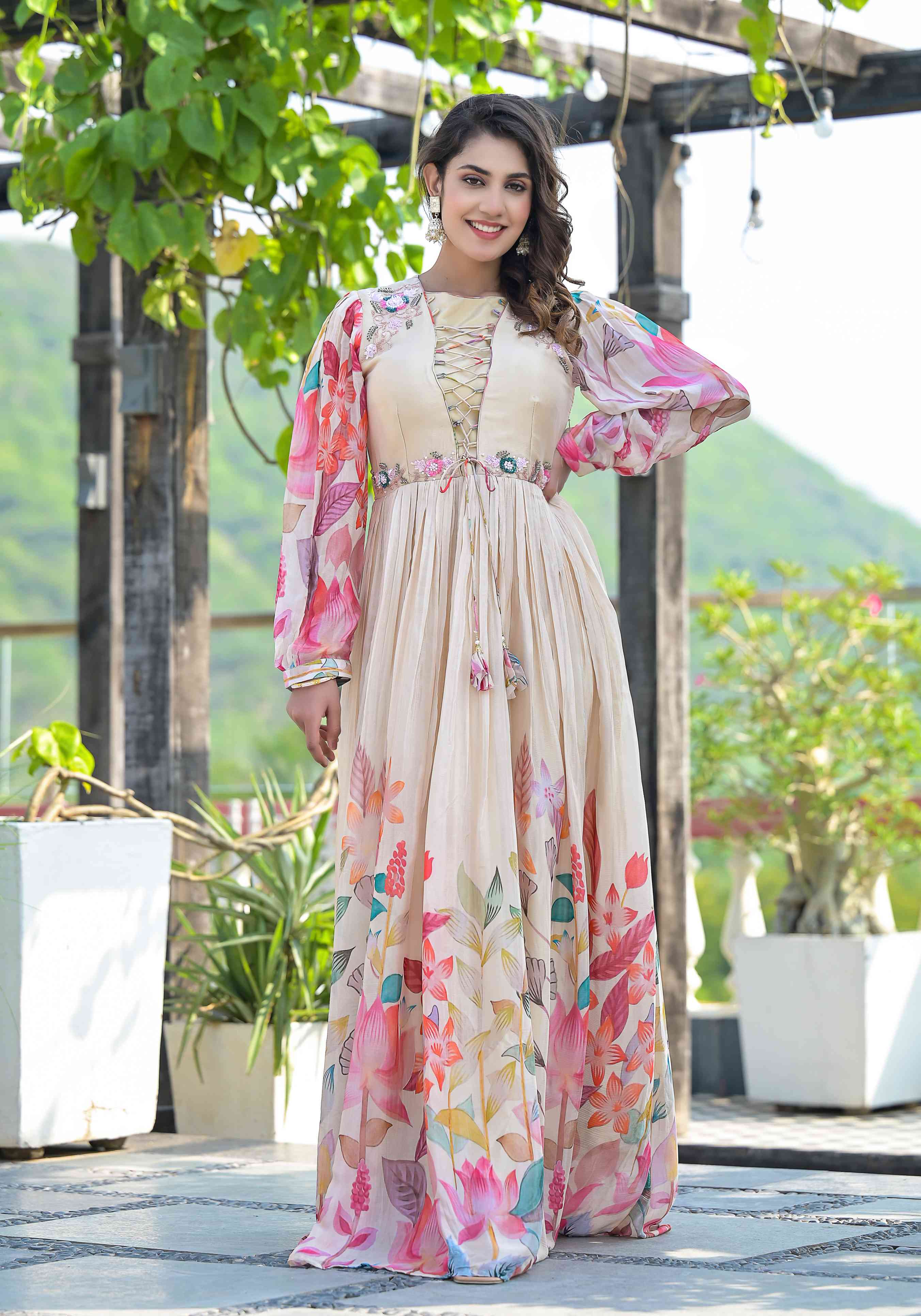 Cream Silk Floral Print Designer Gown