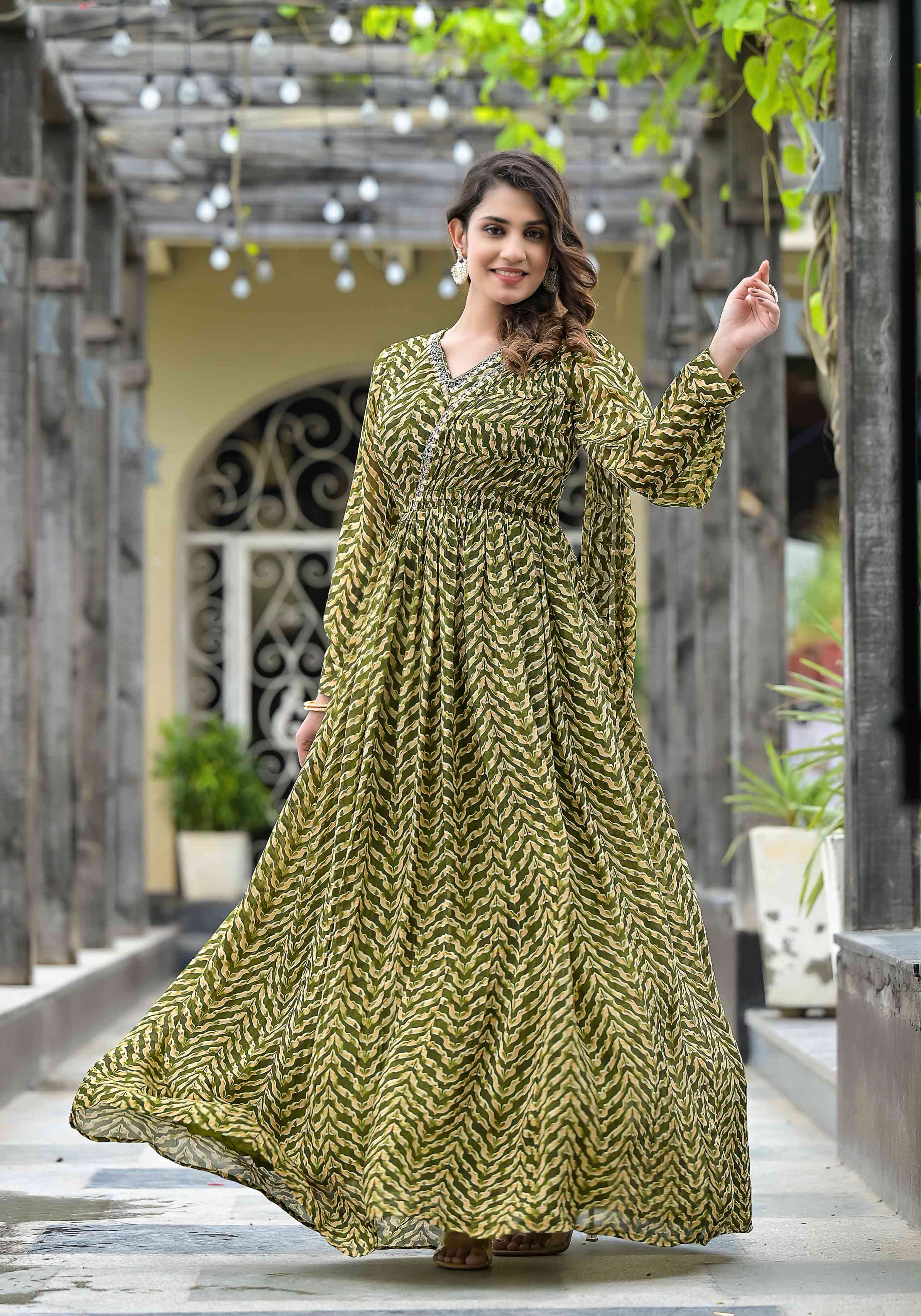 Mehendi Green Printed Georgette Gown