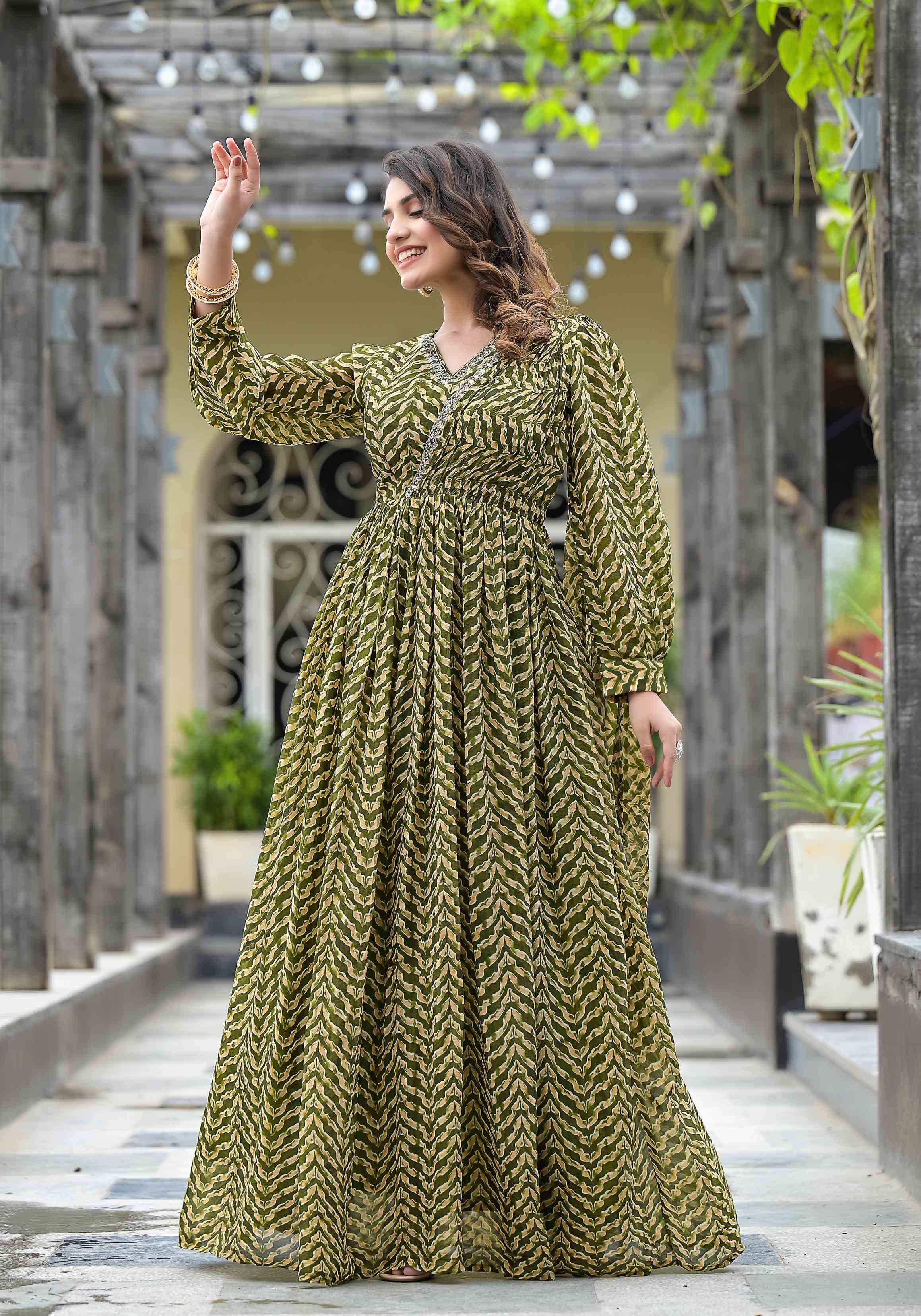 Mehendi Green Printed Georgette Gown