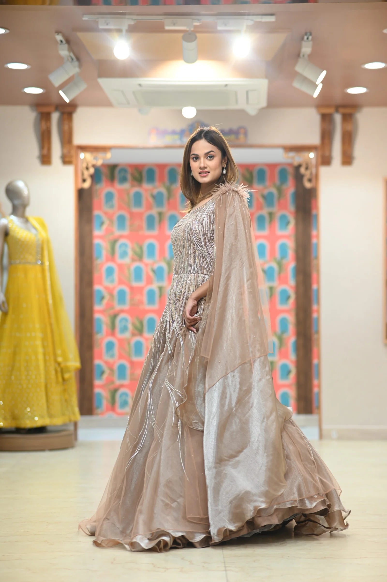 Light Brown Indowestern Tissue Sequins Gown