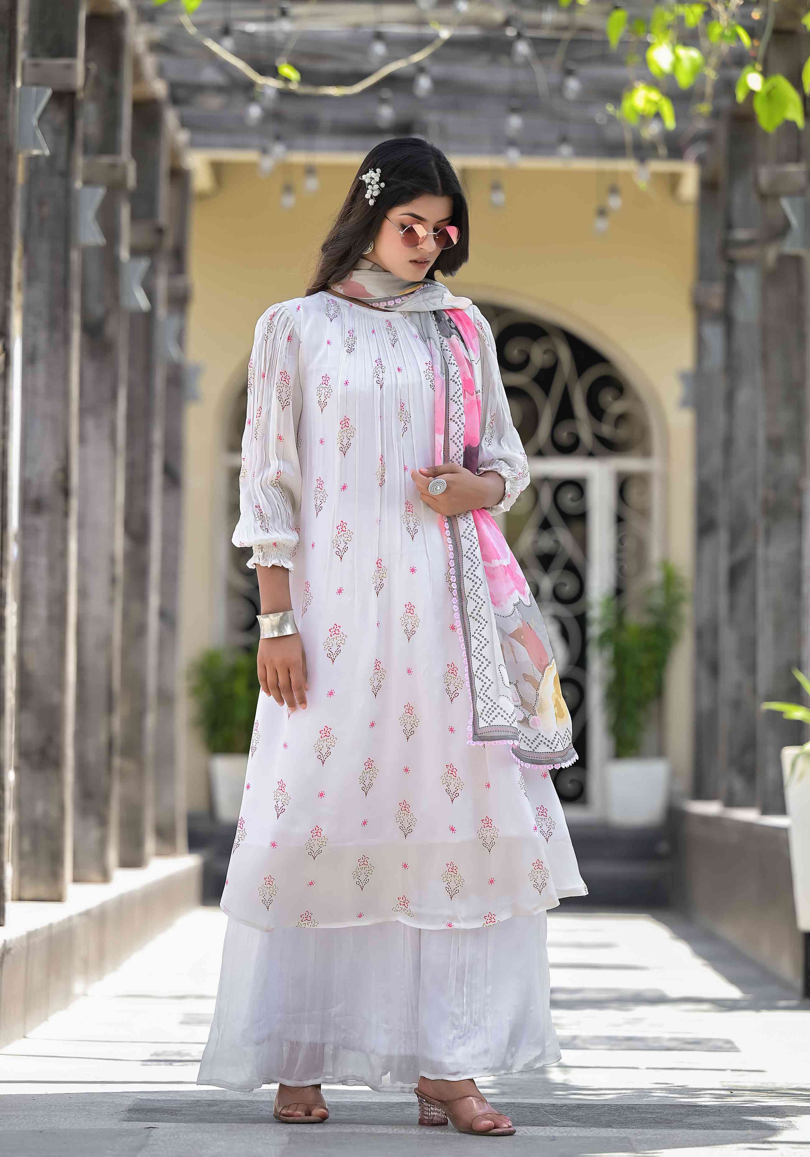 White Floral Print Chinnon Kurta With Bottom & Dupatta