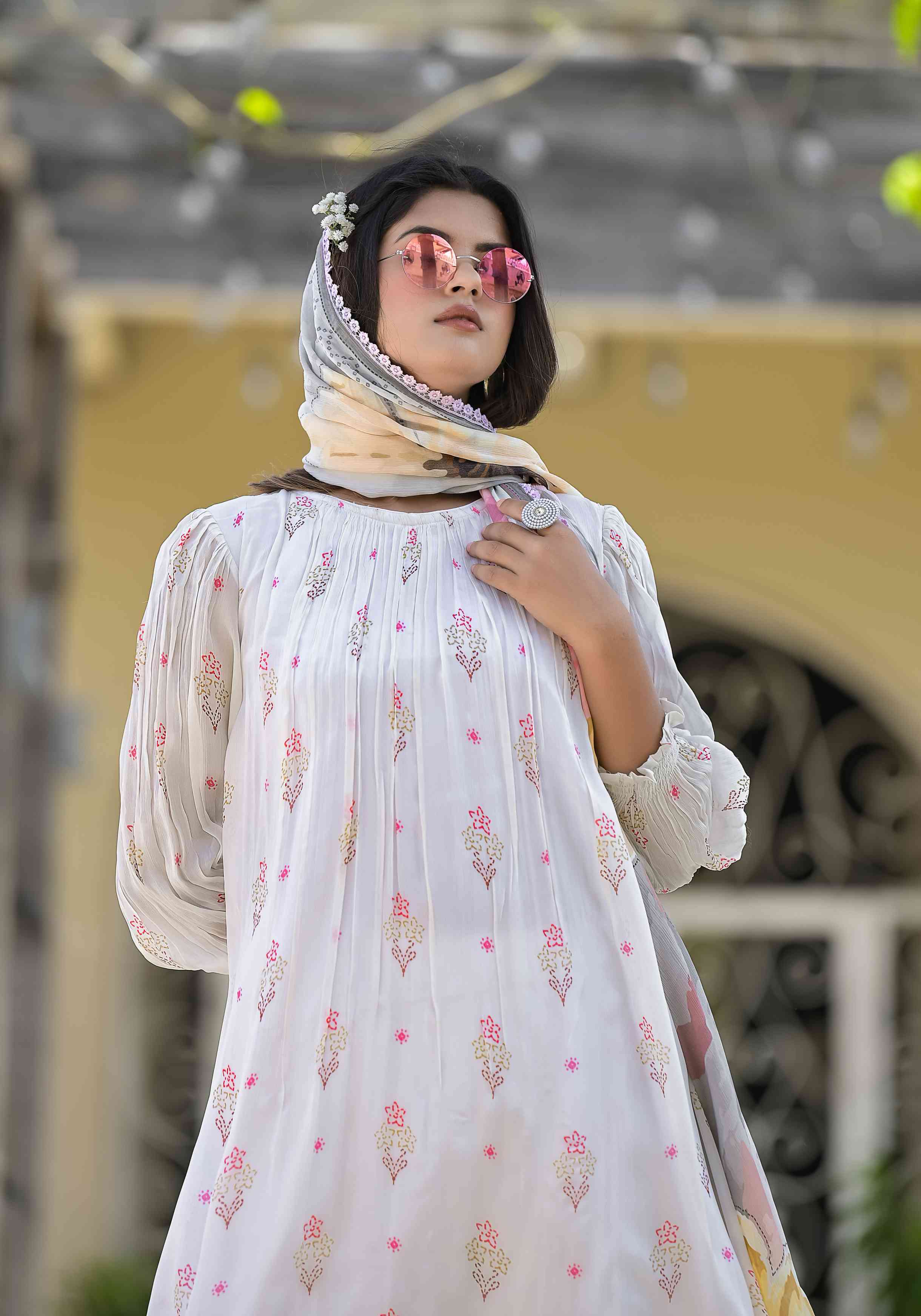 White Floral Print Chinnon Kurta With Bottom & Dupatta