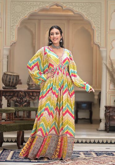 Multicolor Printed Muslin Gown