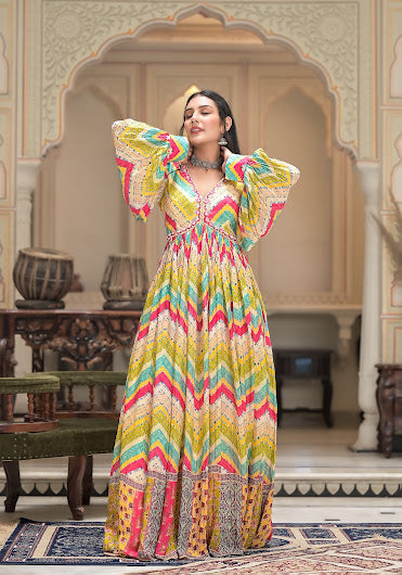 Multicolor Printed Muslin Gown