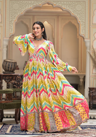 Multicolor Printed Muslin Gown