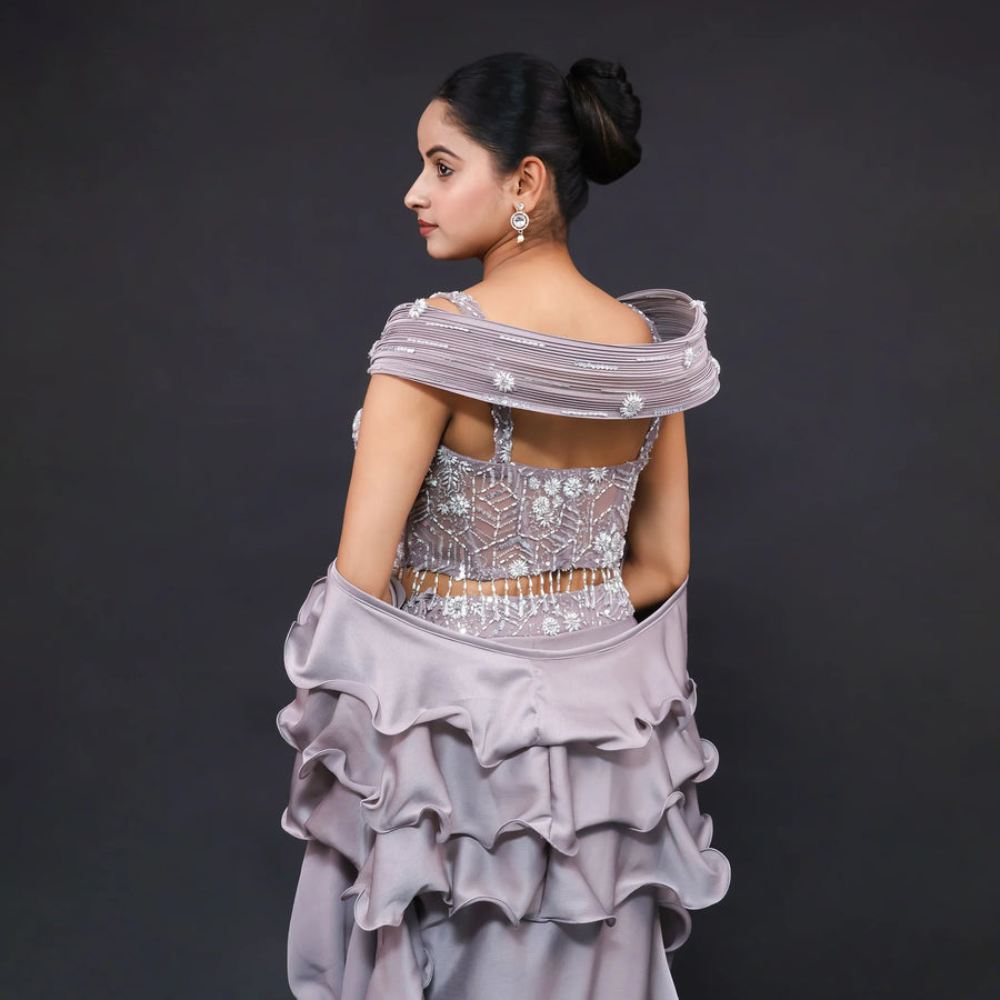 Grey Chinnon Crepe Drape Skirt & Blouse