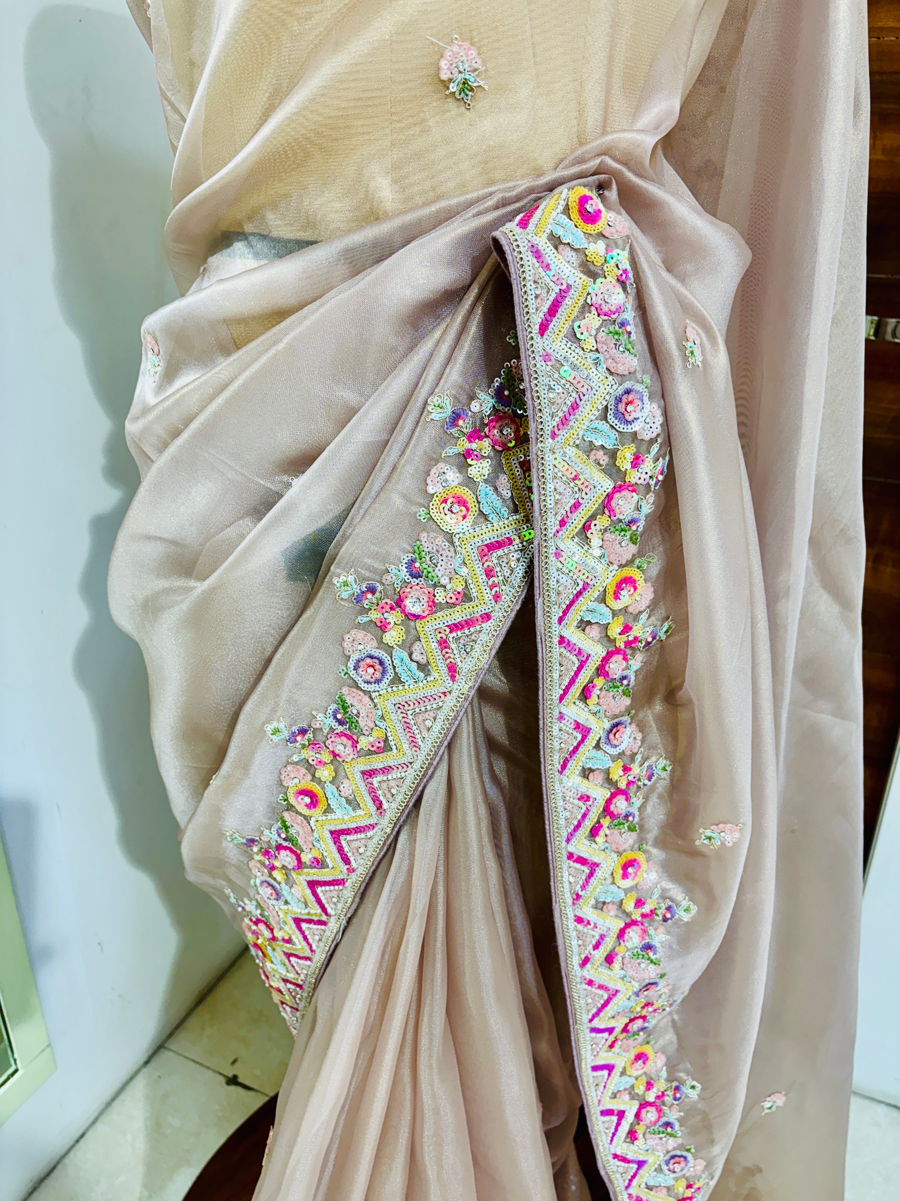 Salmon Pink Tissue Designer Saree