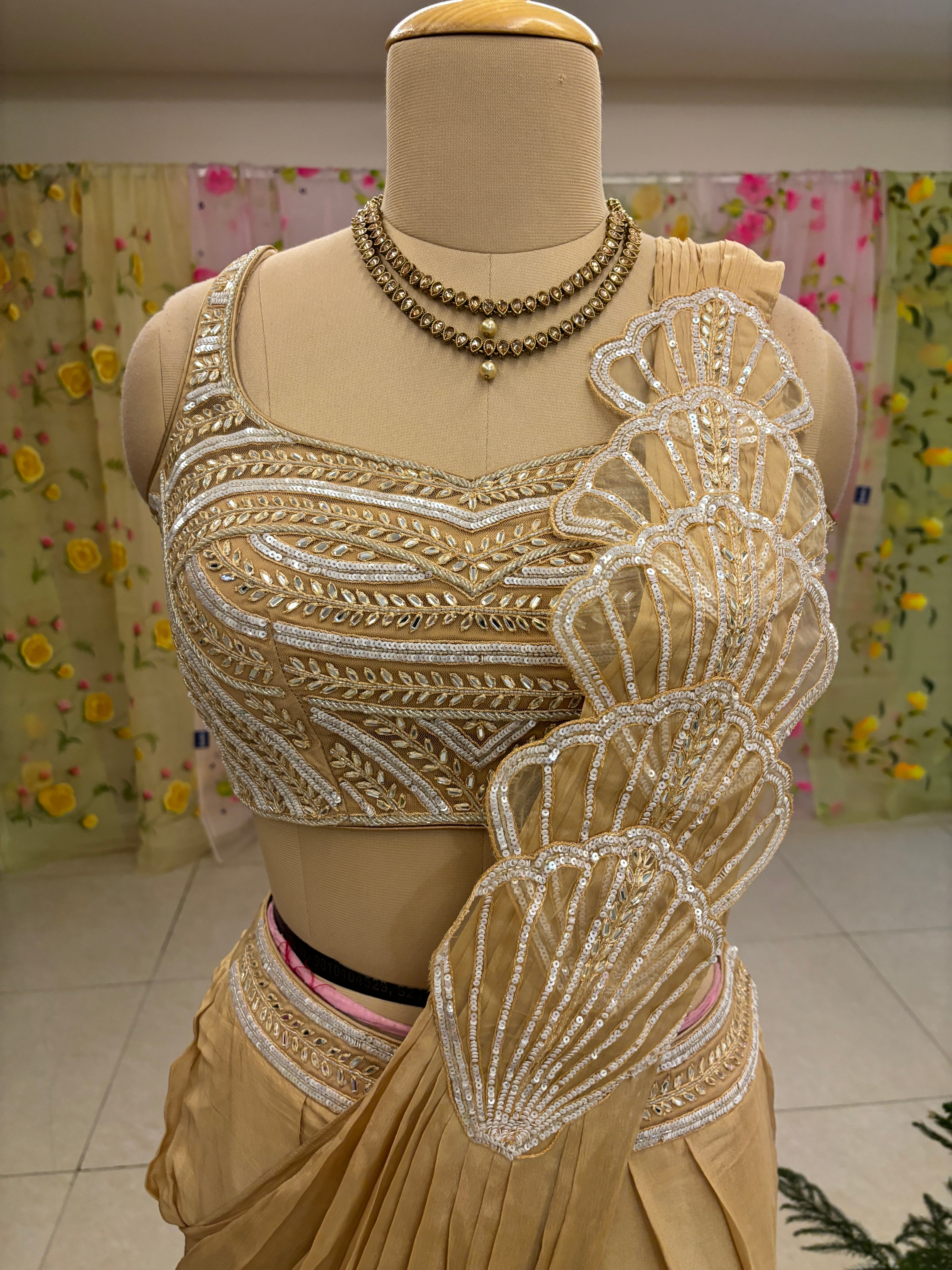 Light Brown Chinnon Silk Drape Saree With Readymade Blouse