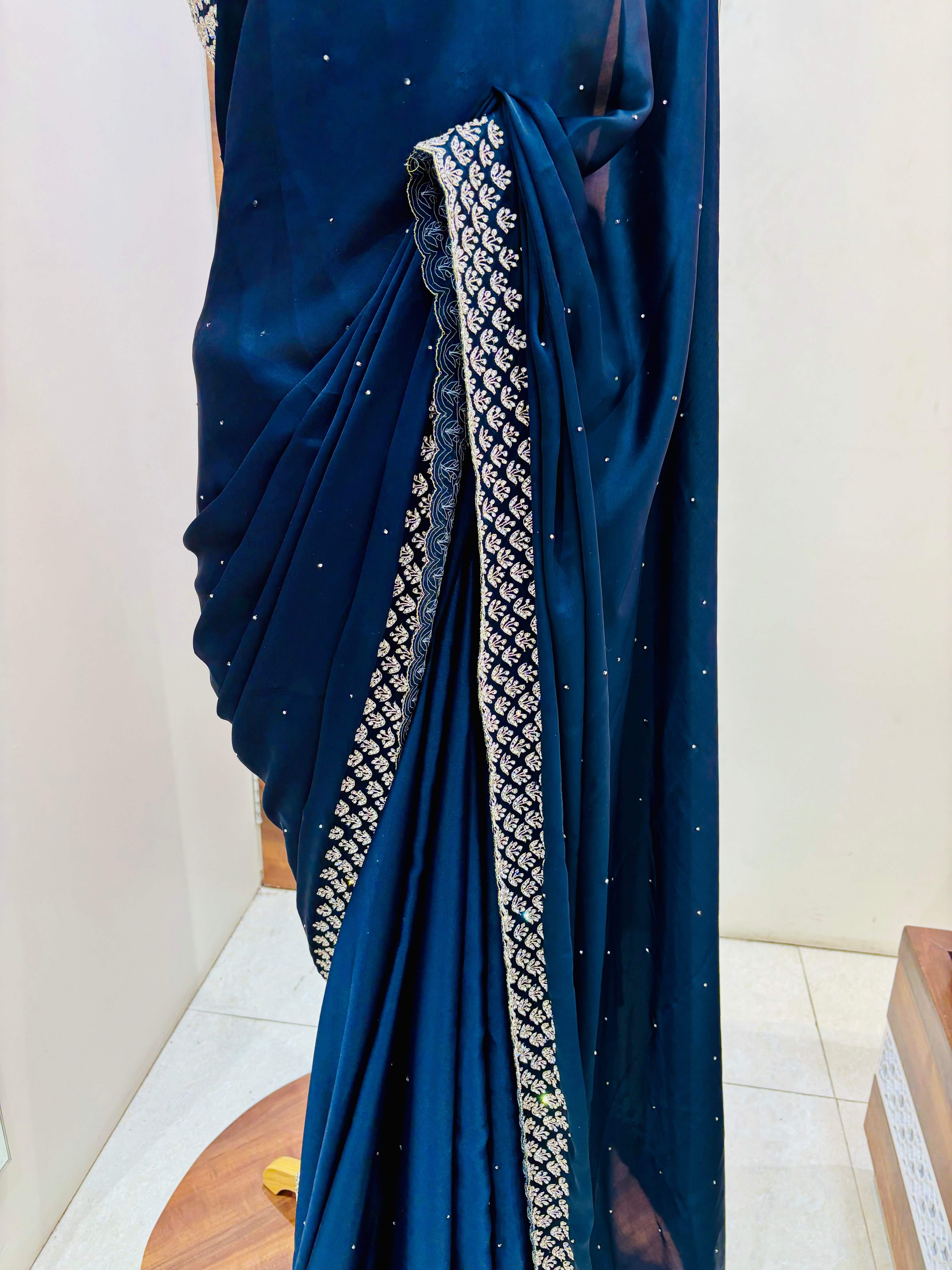 Blue Satin Silk Swarovski Saree