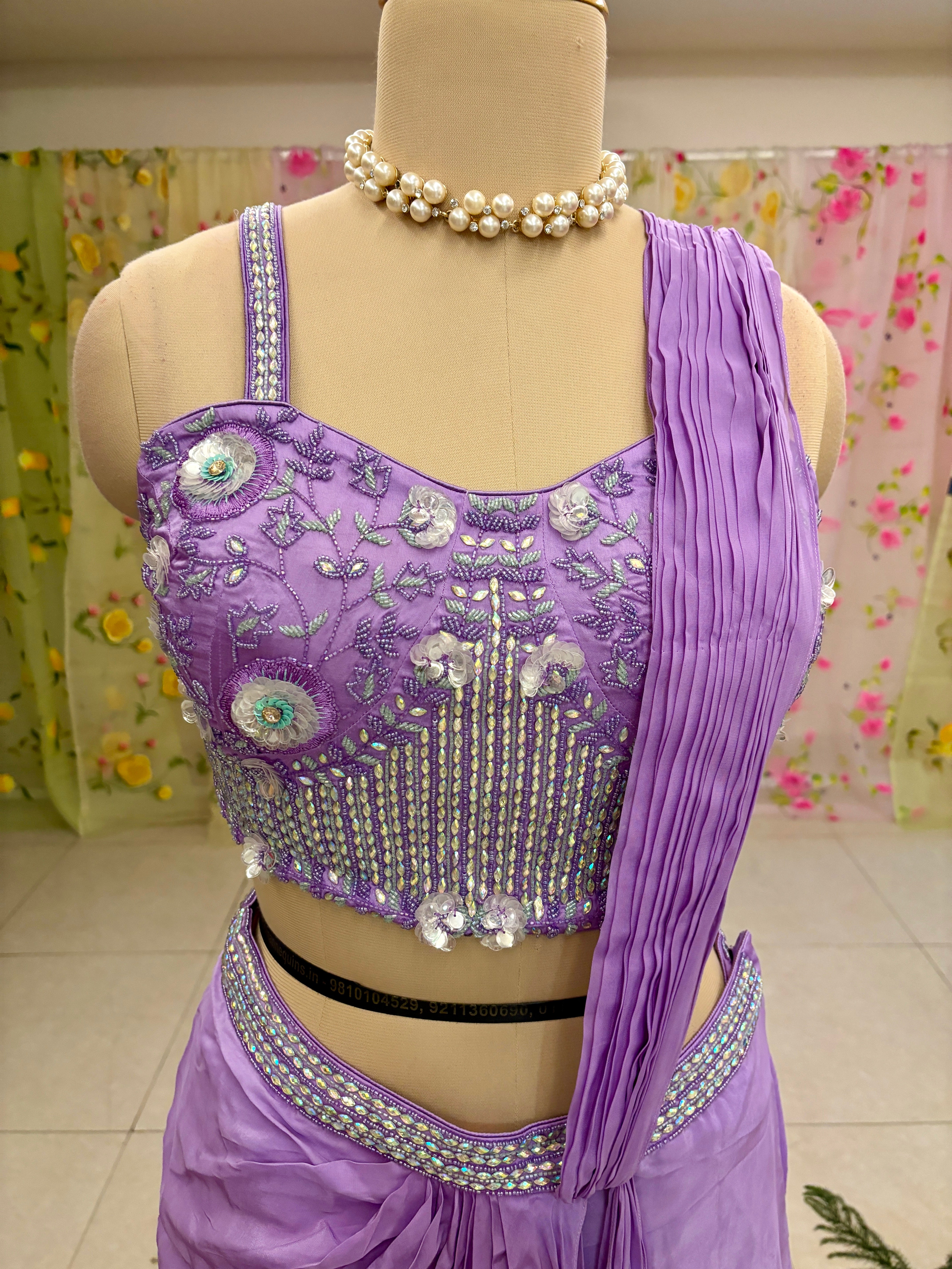 Purple Chinnon Silk Drape Saree With Readymade Blouse