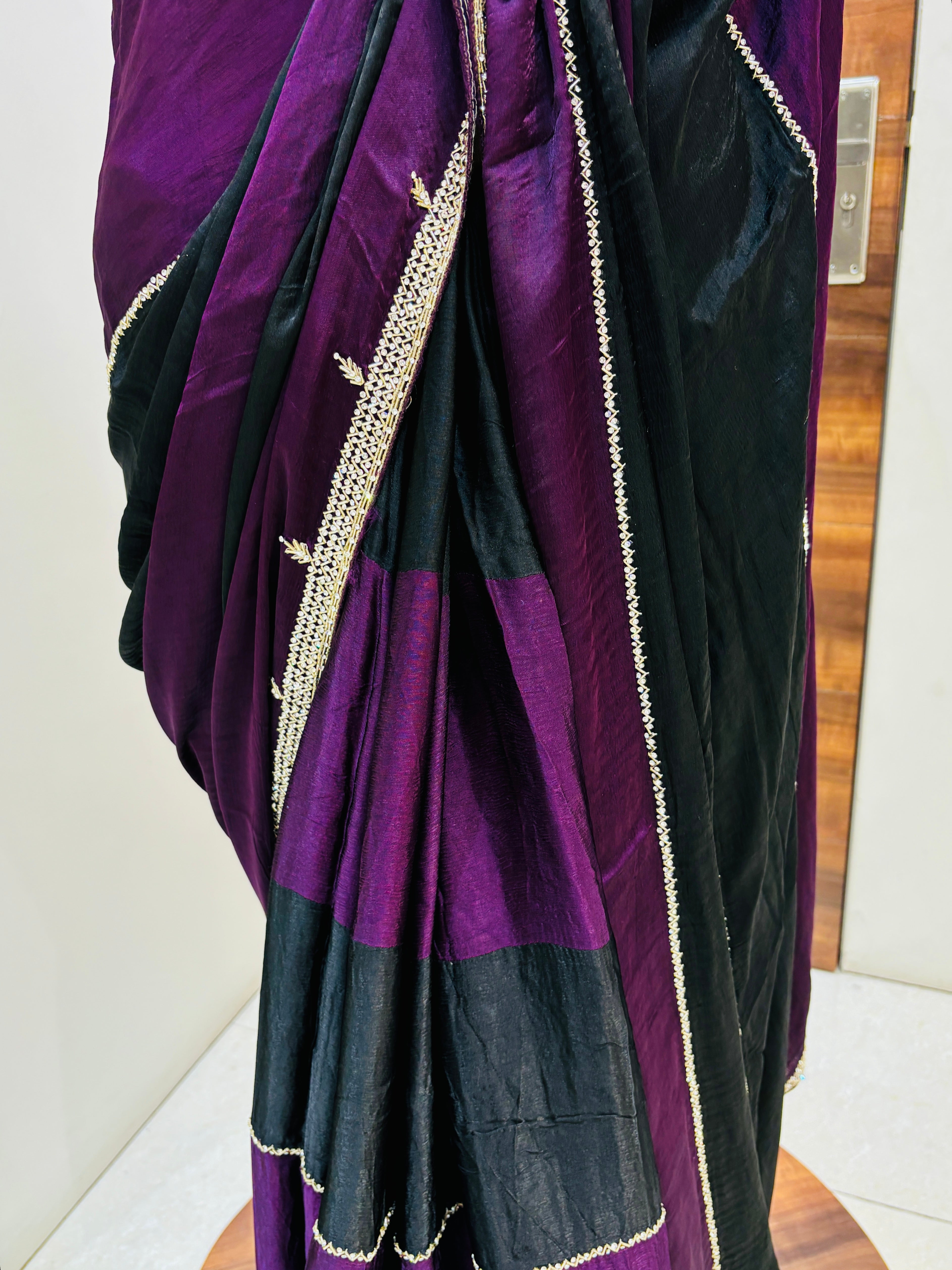 Purple & black silk designer saree