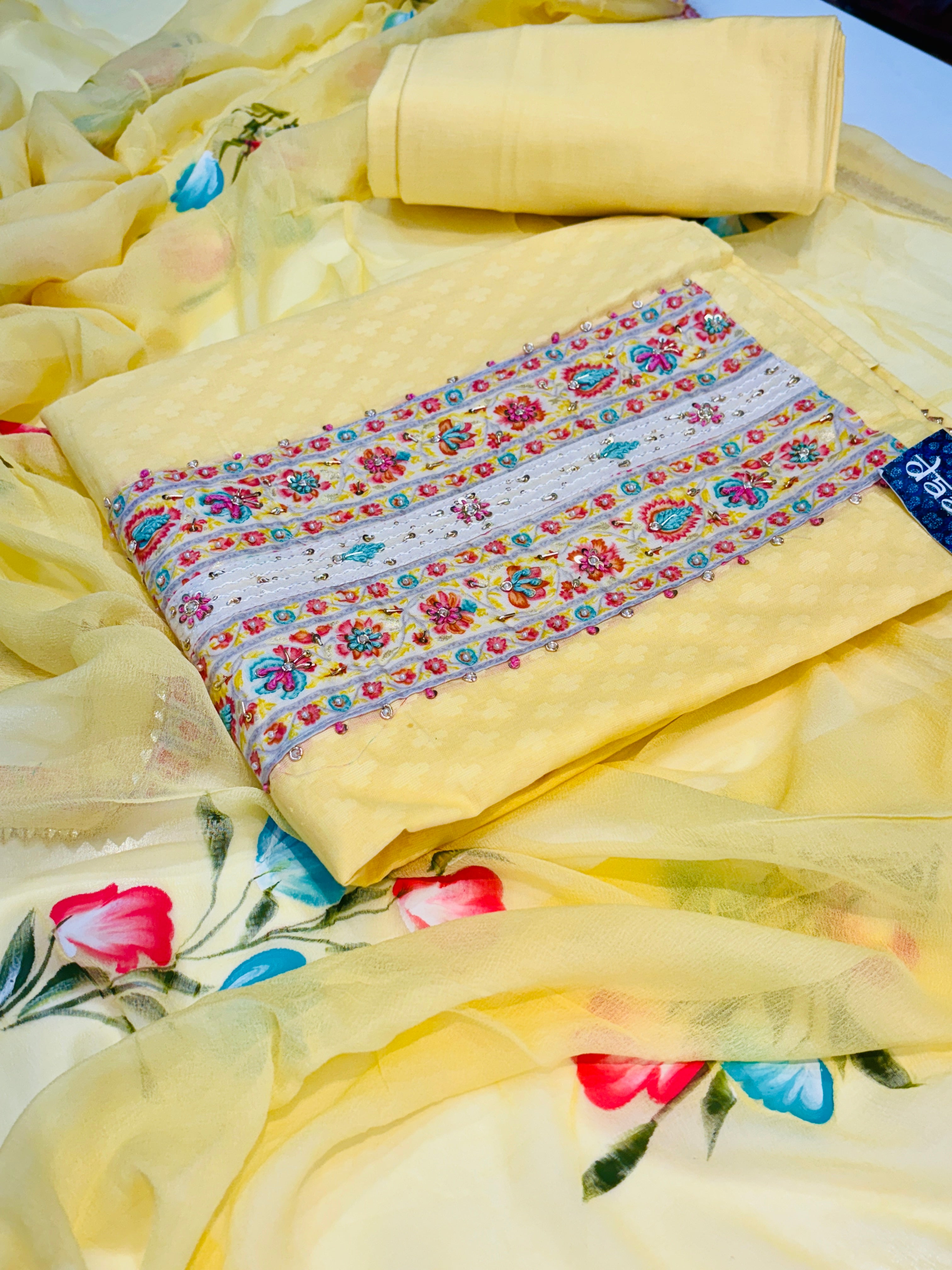 Yellow Cotton Floral Print Dress Material