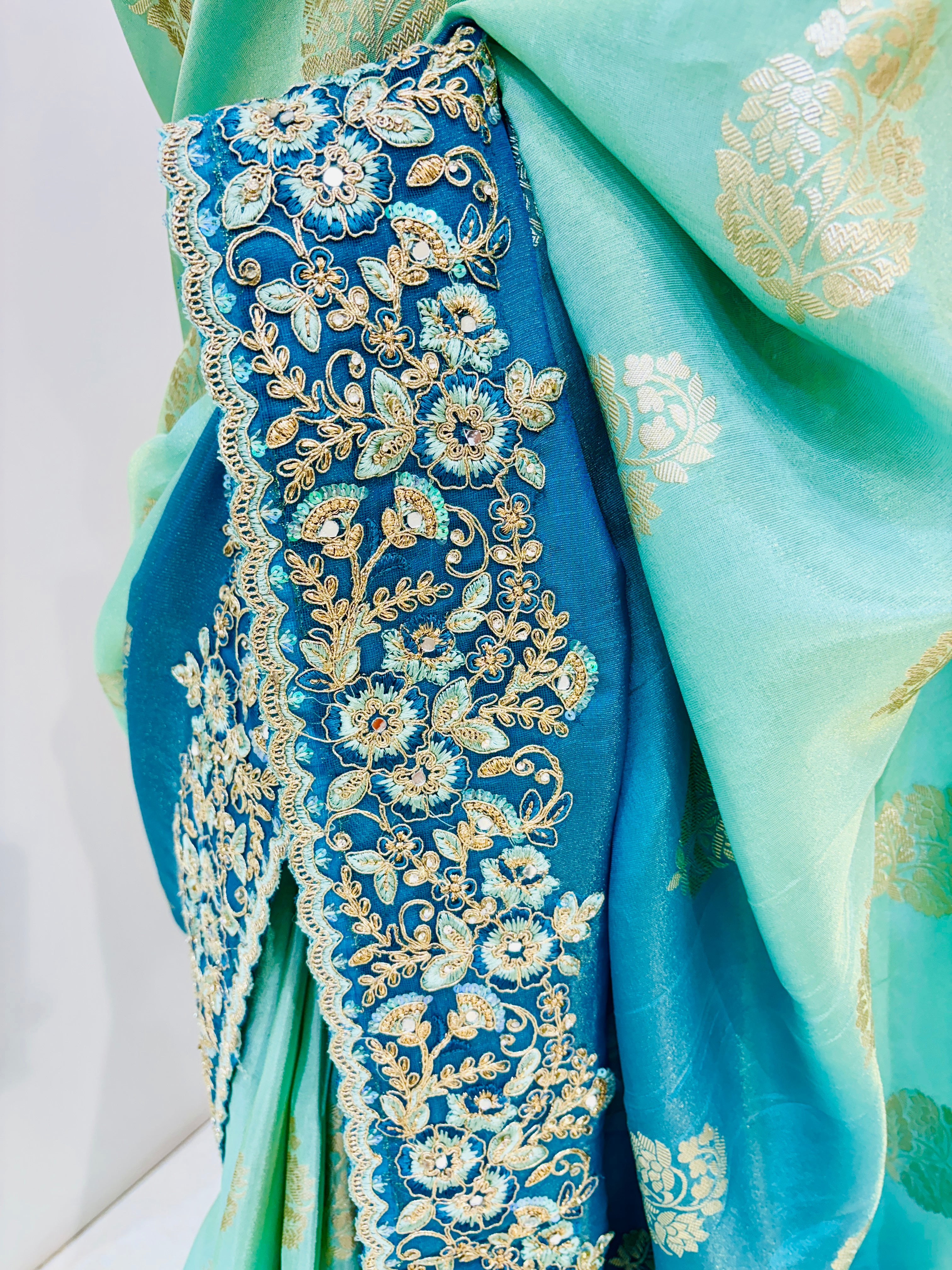 Shaded Blue Banarasi Silk Embroidery Work Saree