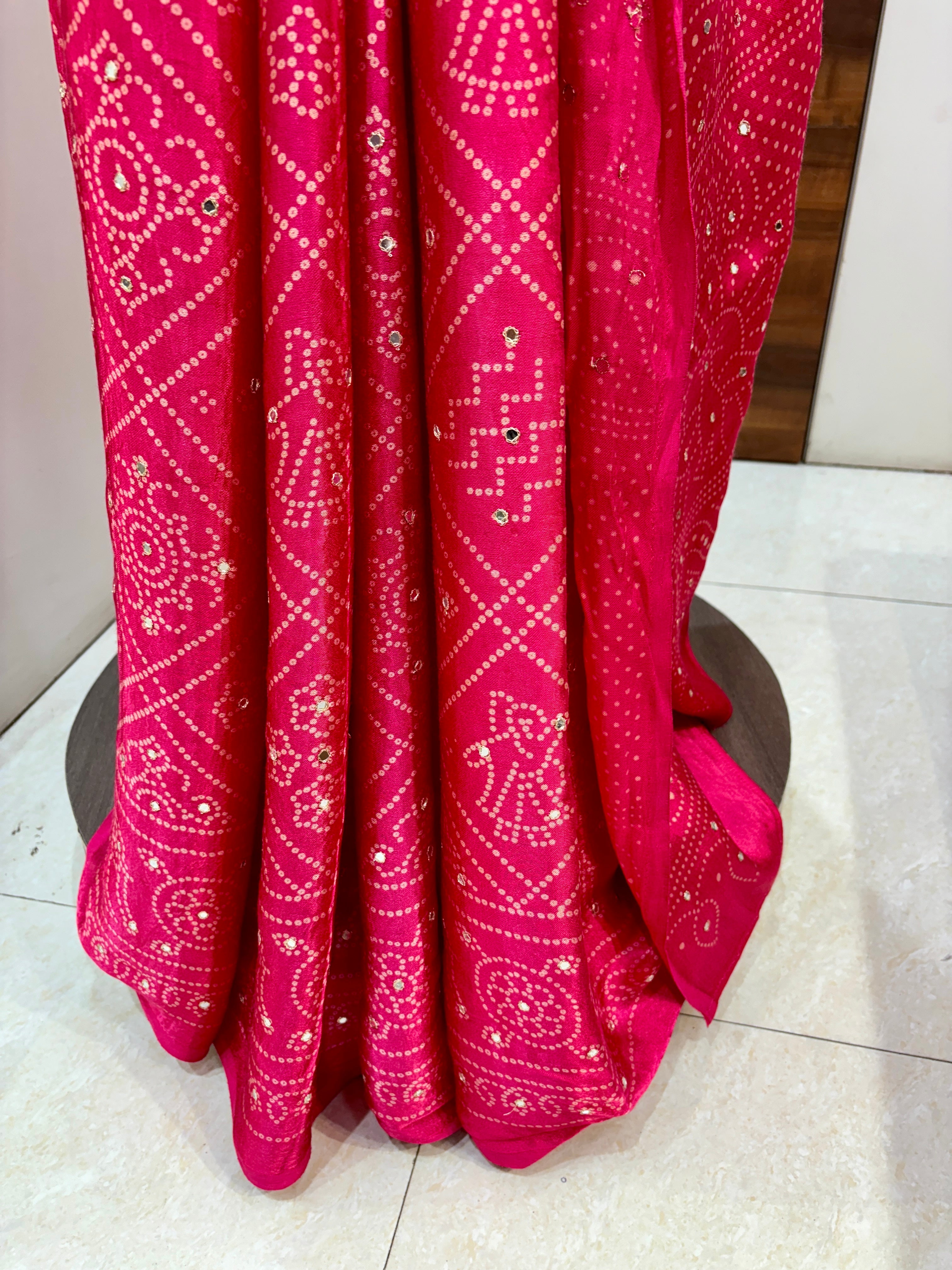 Dark Pink Muslin Silk Bandhej Saree