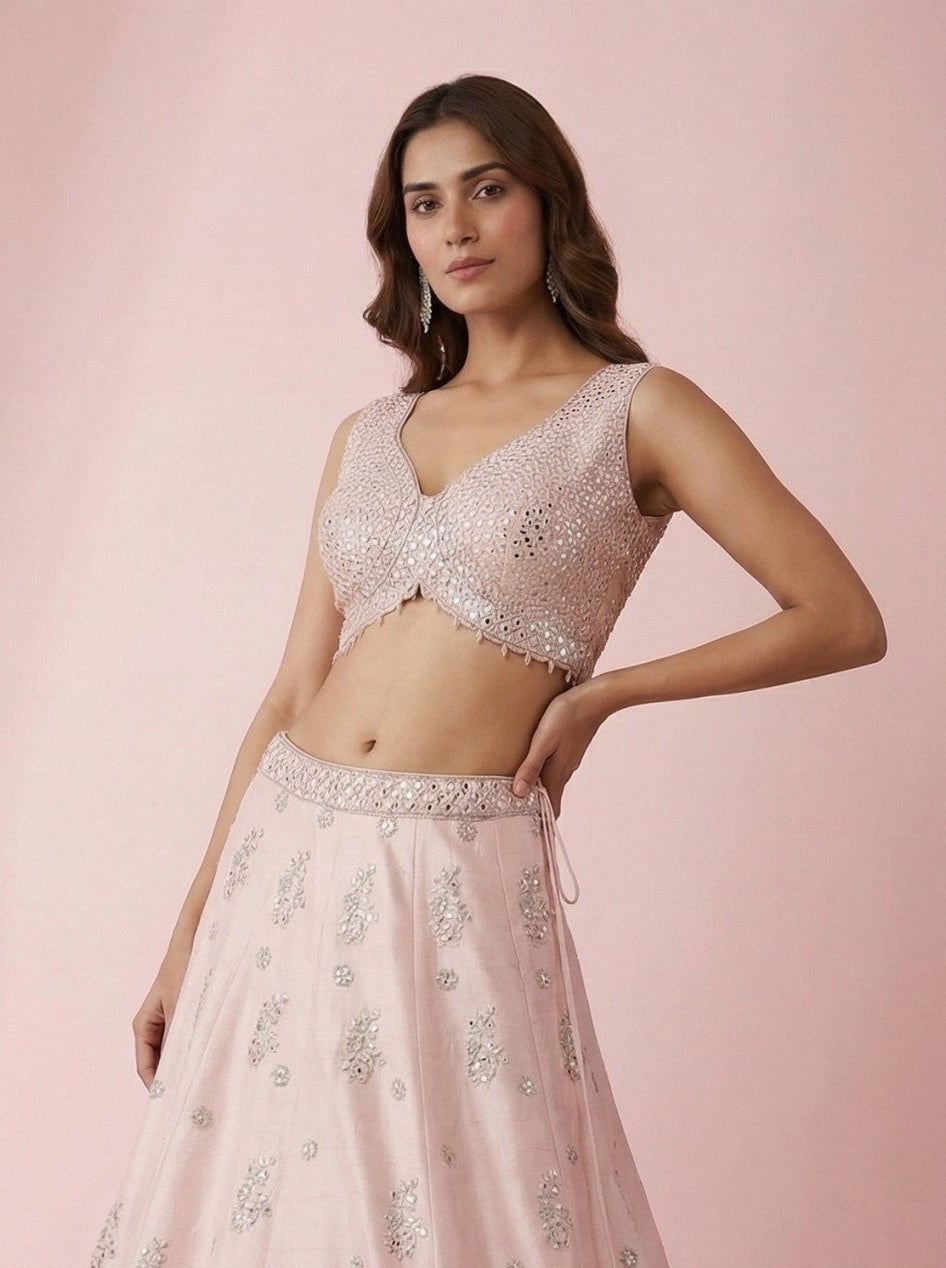 Woman wearing a pink and silver embroidered lehenga with a matching blouse on a pink background
