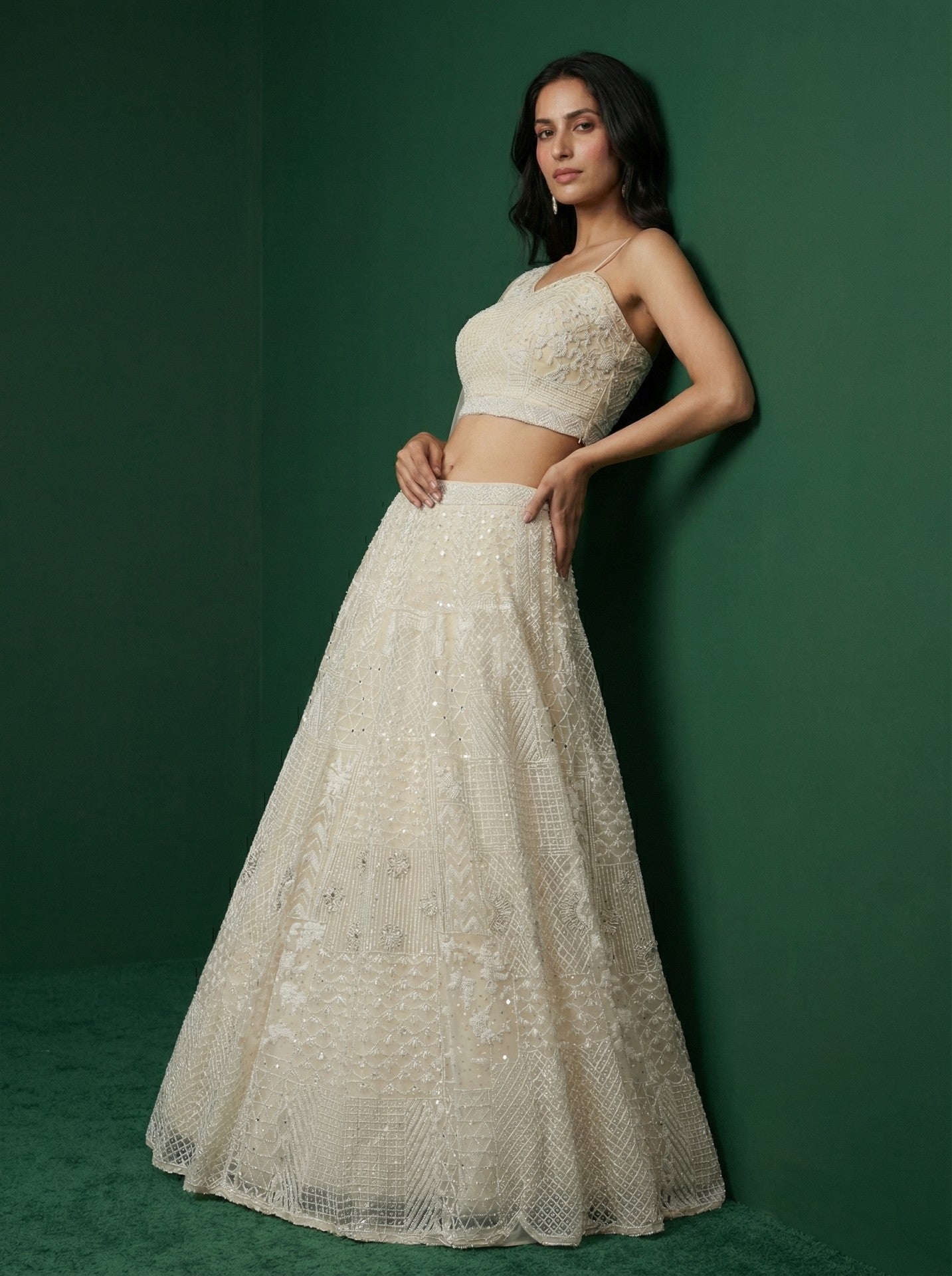White Net Sequinned Off Shoulder Lehenga