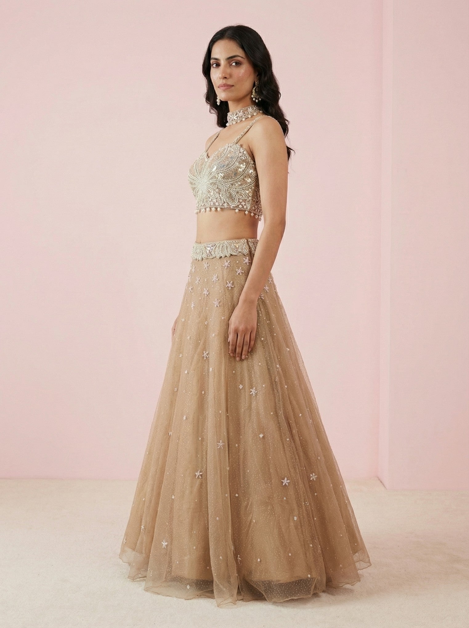 Brown Net Designer Crop Top Lehenga