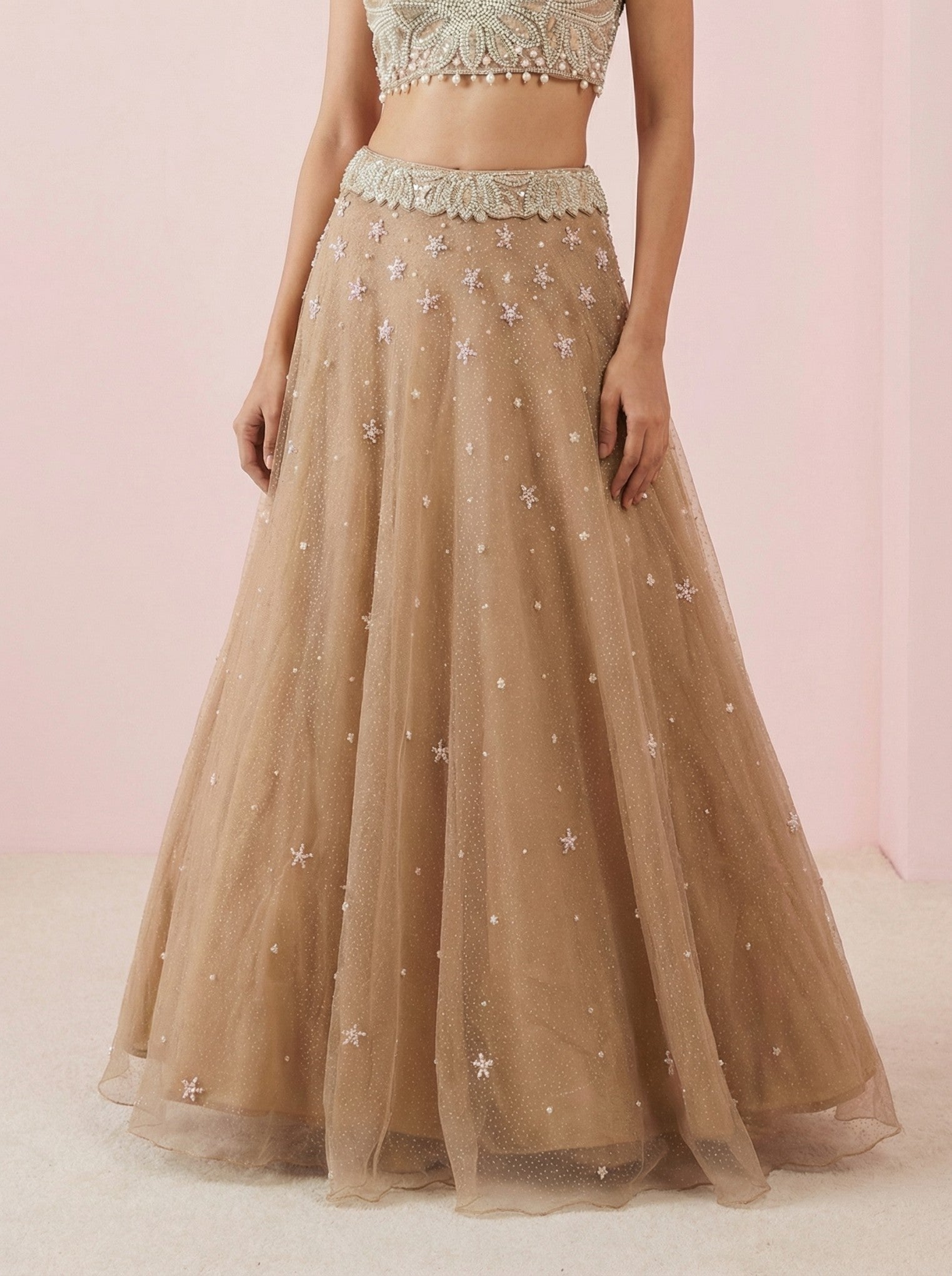 Brown Net Designer Crop Top Lehenga