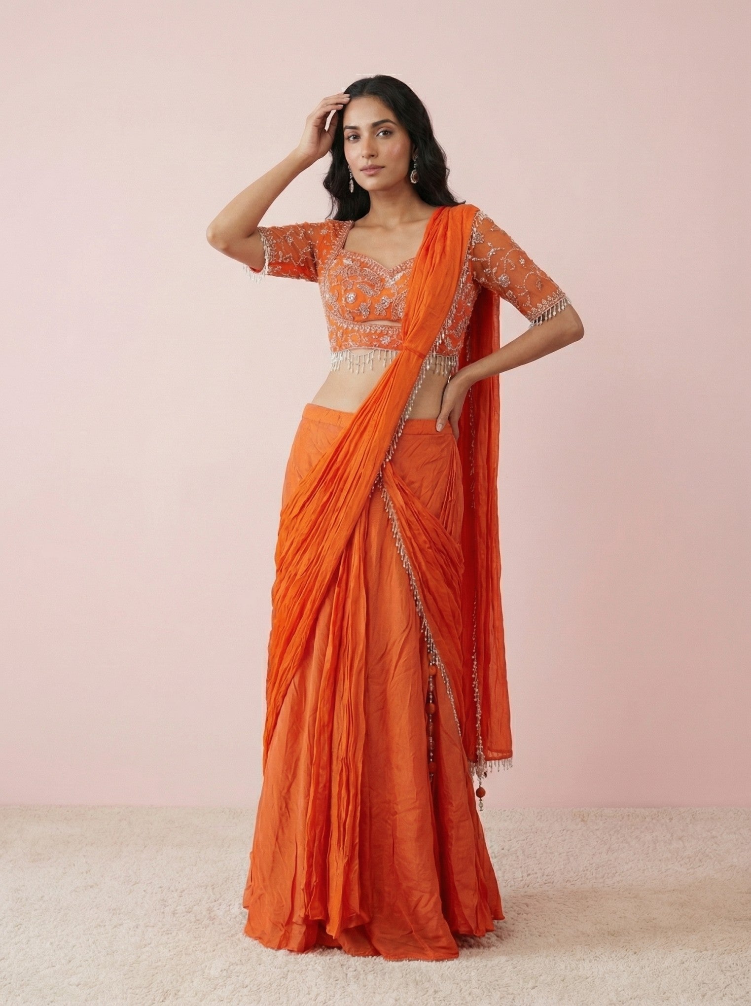 Orange Chiffon Designer Drape Saree With Readymade Blouse