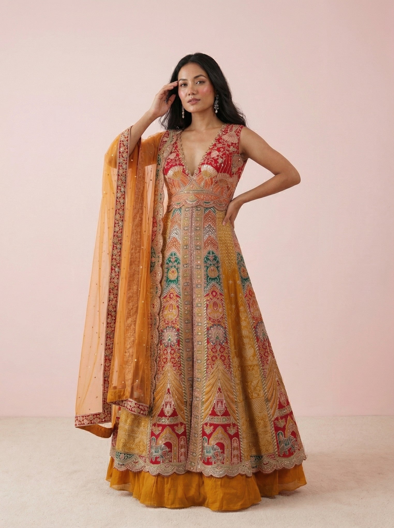 Multicolor Embroidered Festive Indowestern Lehenga