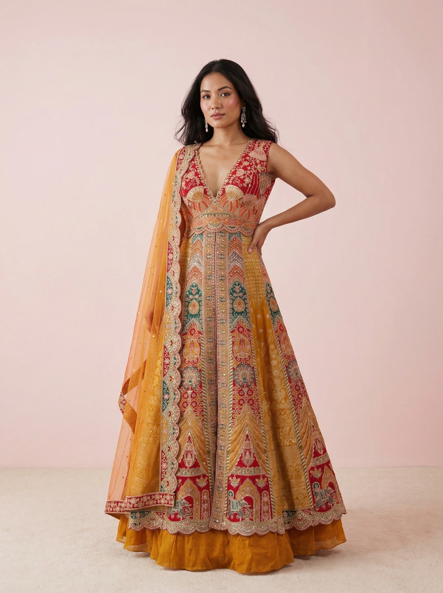 Multicolor Embroidered Festive Indowestern Lehenga