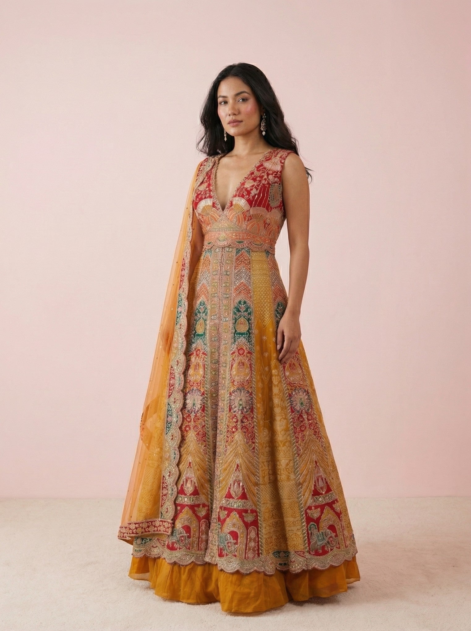 Multicolor Embroidered Festive Indowestern Lehenga