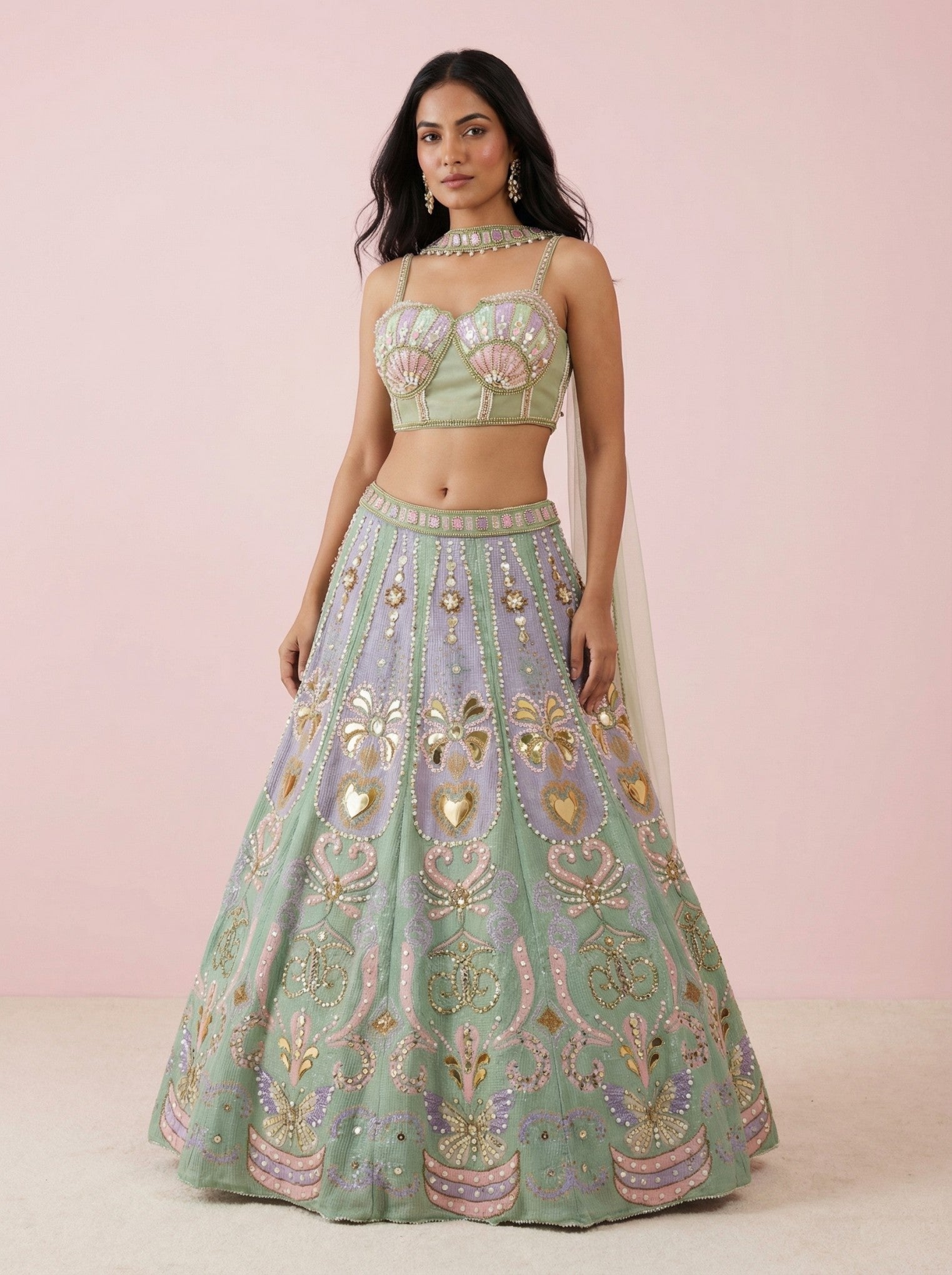 Multicolor Net Crop Top Lehenga