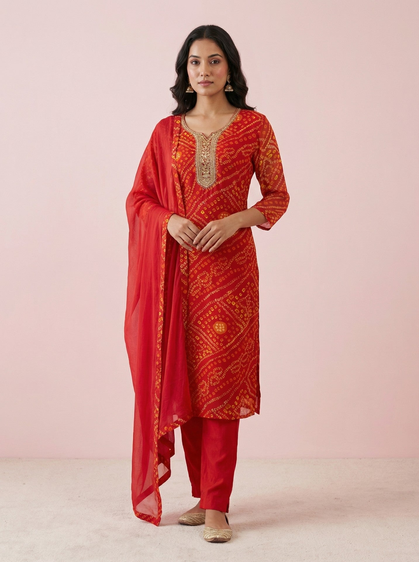 Red Georgette Bandhej Suit Set With Dupatta