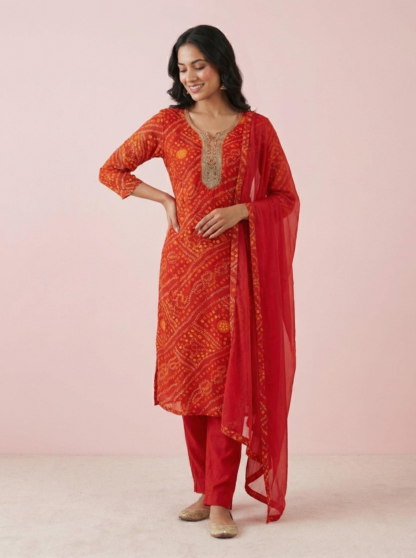 Red Georgette Bandhej Suit Set With Dupatta