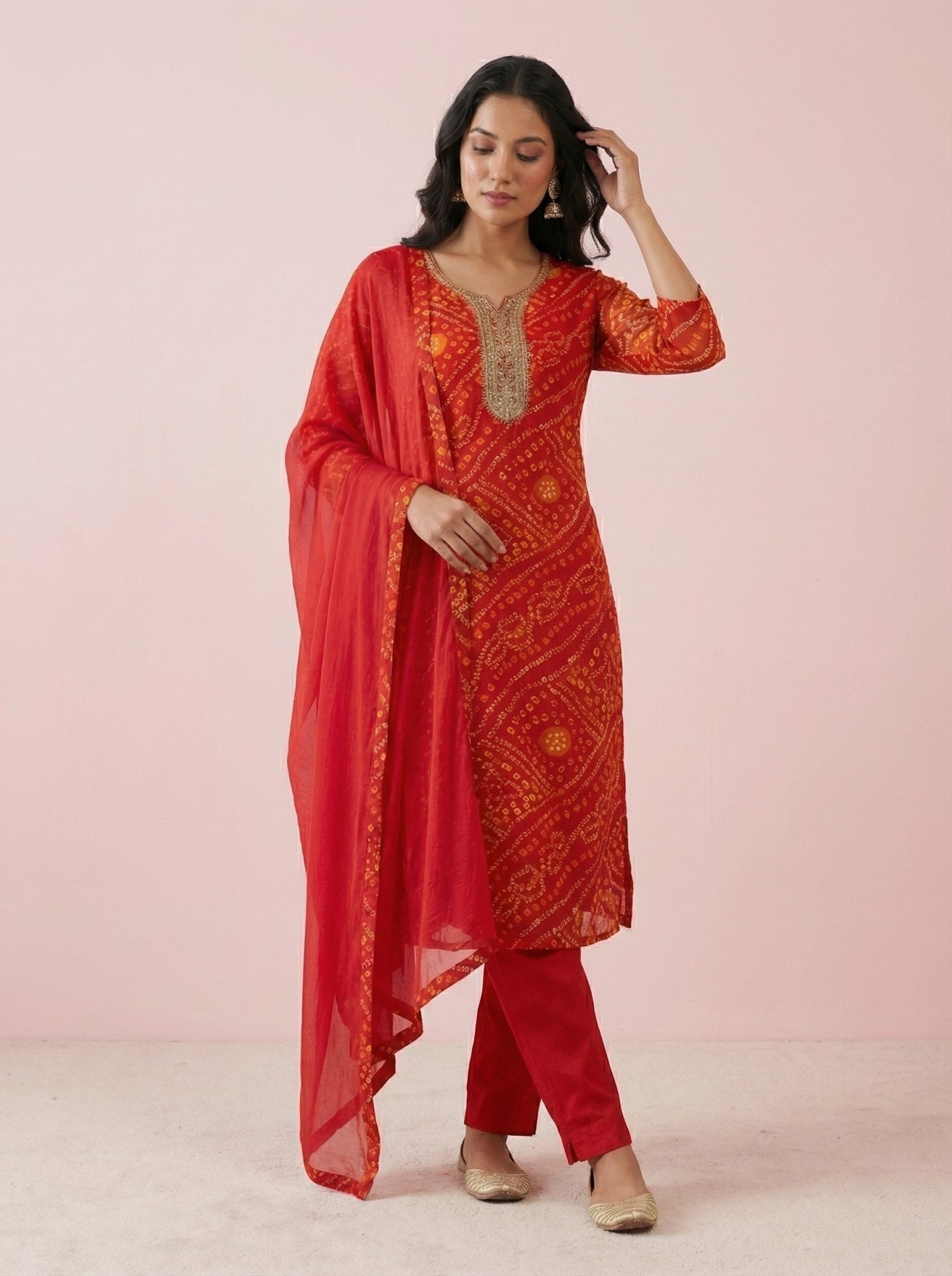 Red Georgette Bandhej Suit Set With Dupatta