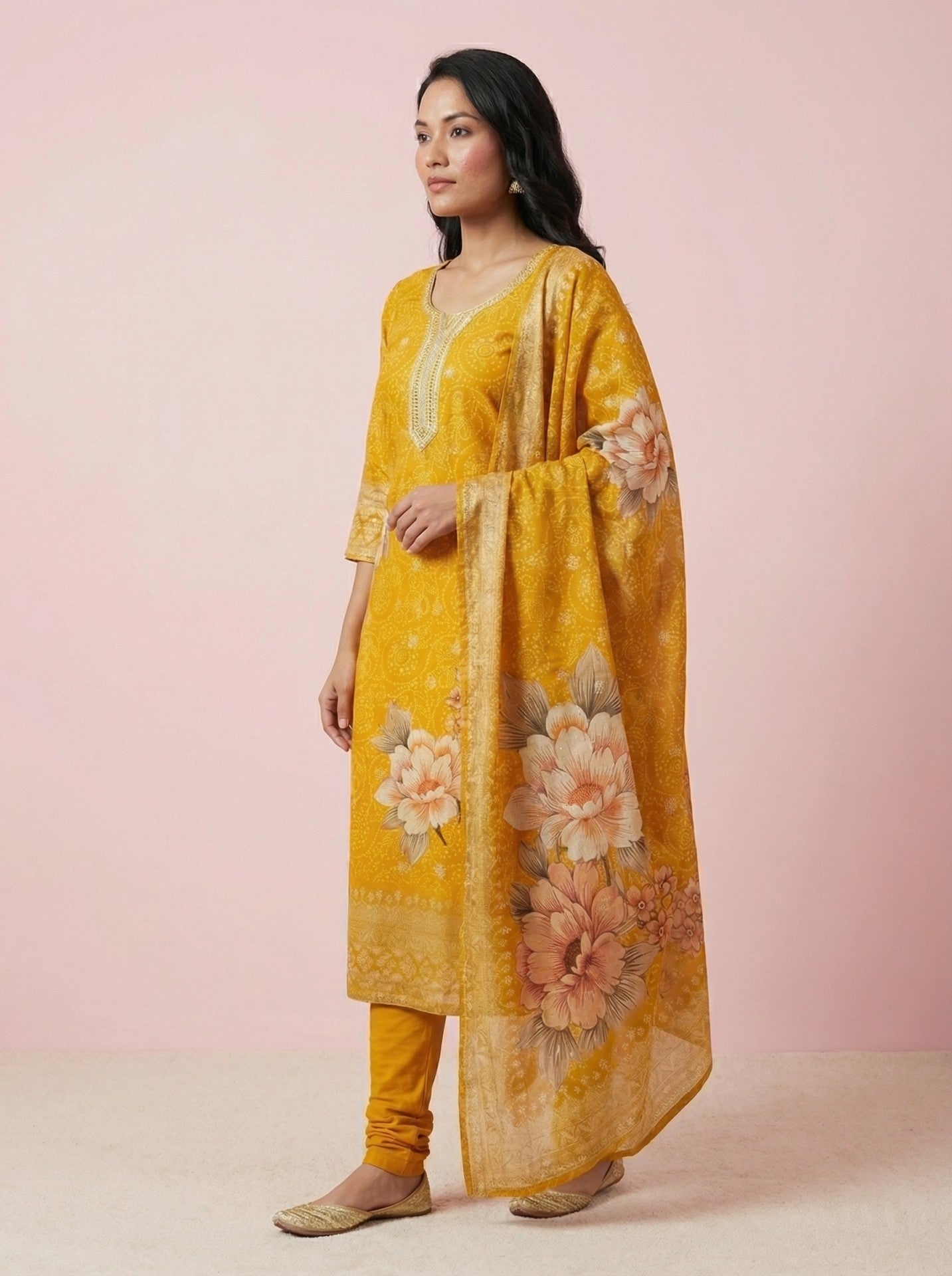 Yellow Floral Print Georgette Suit Set With Dupatta