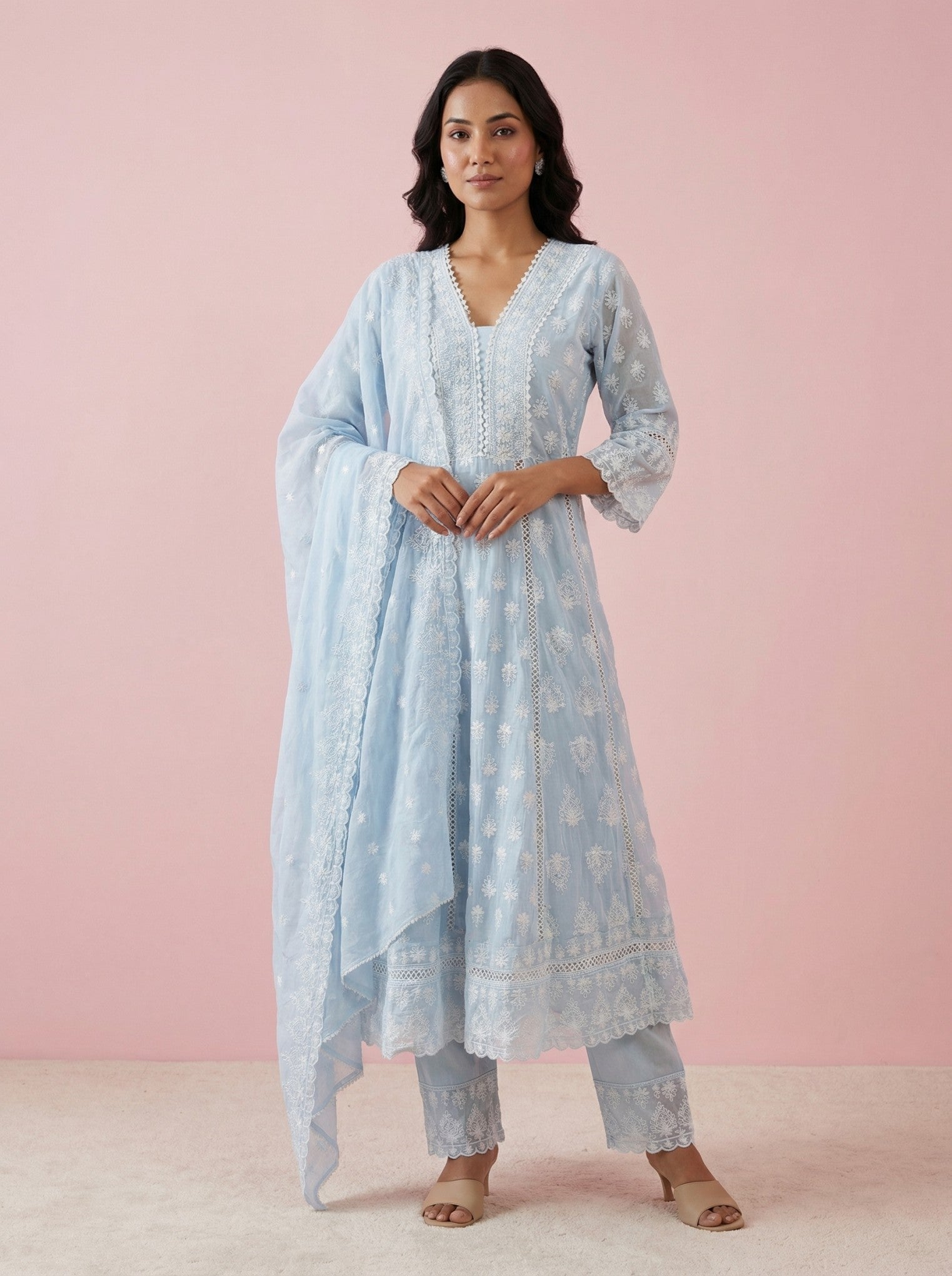 Sky Blue Cotton Embroidered Anarkali Suit Set
