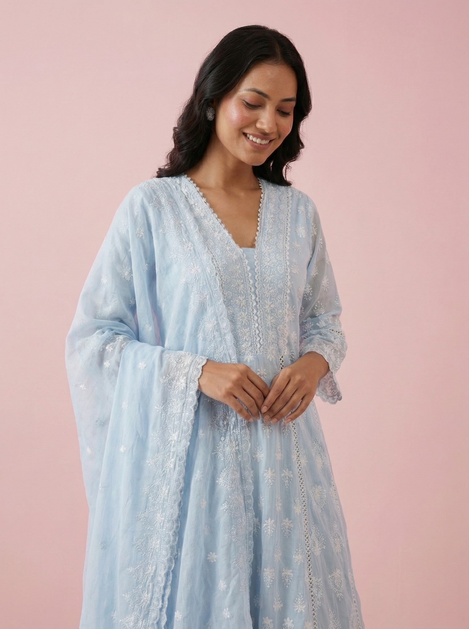 Sky Blue Cotton Embroidered Anarkali Suit Set