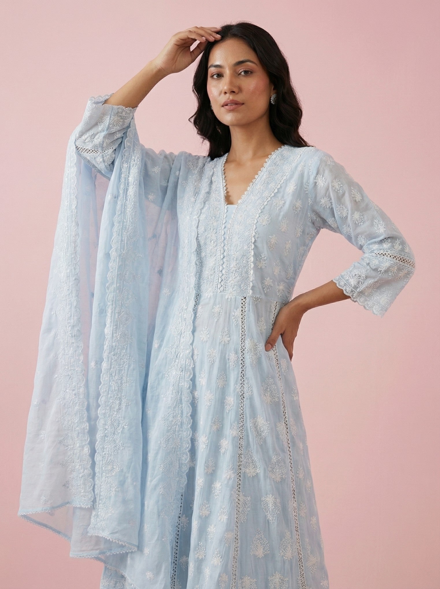 Sky Blue Cotton Embroidered Anarkali Suit Set