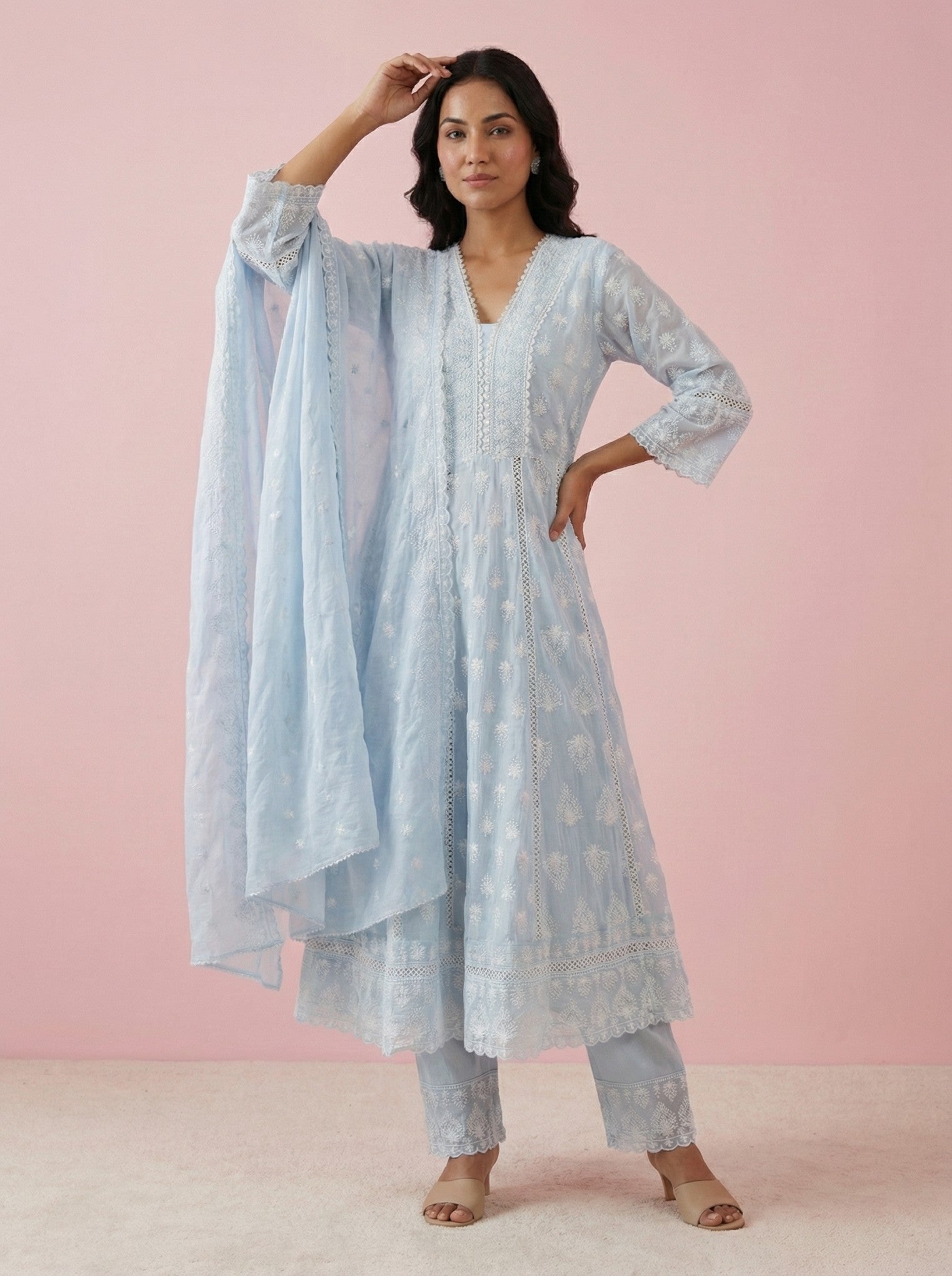 Sky Blue Cotton Embroidered Anarkali Suit Set