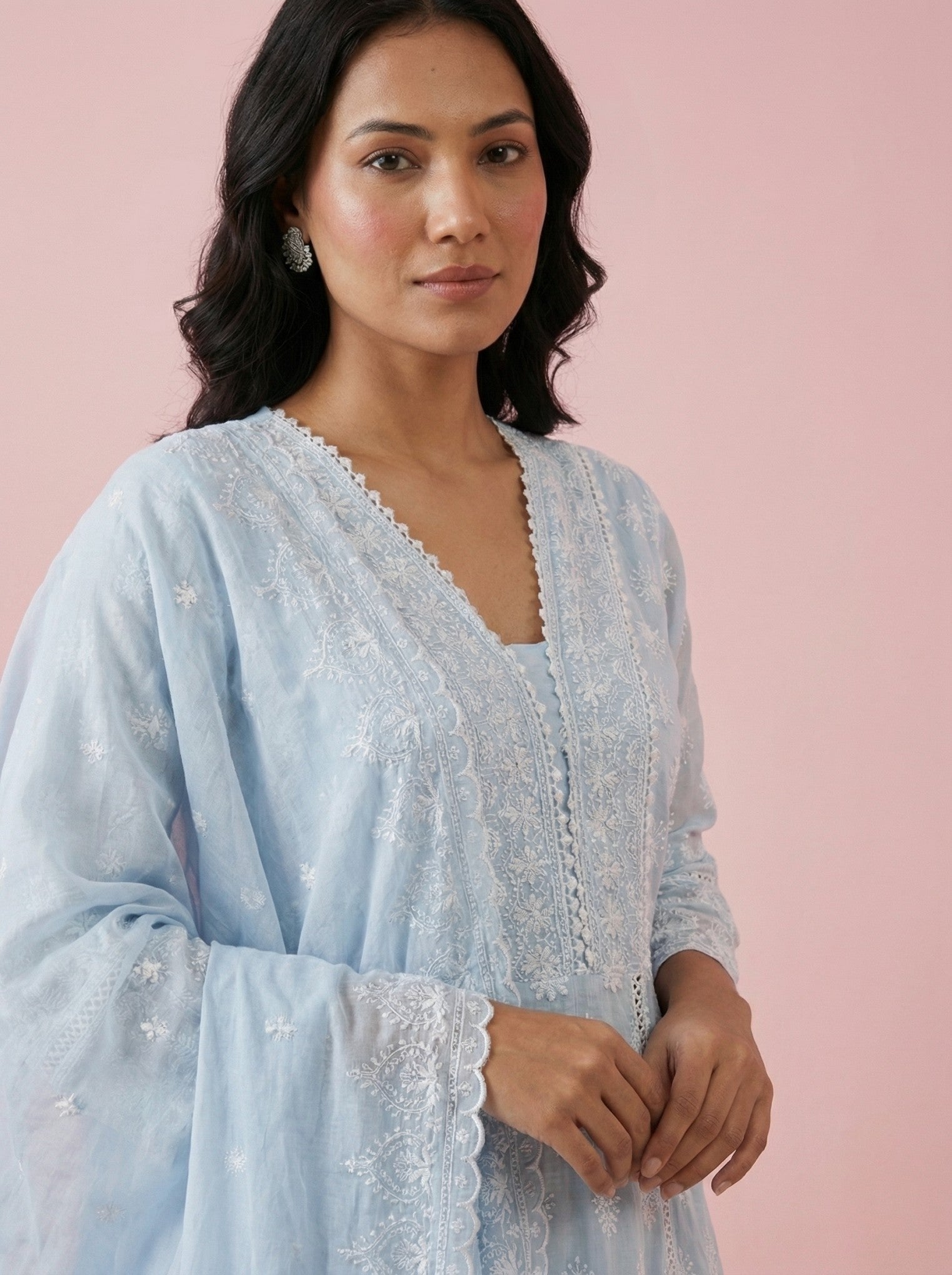 Sky Blue Cotton Embroidered Anarkali Suit Set