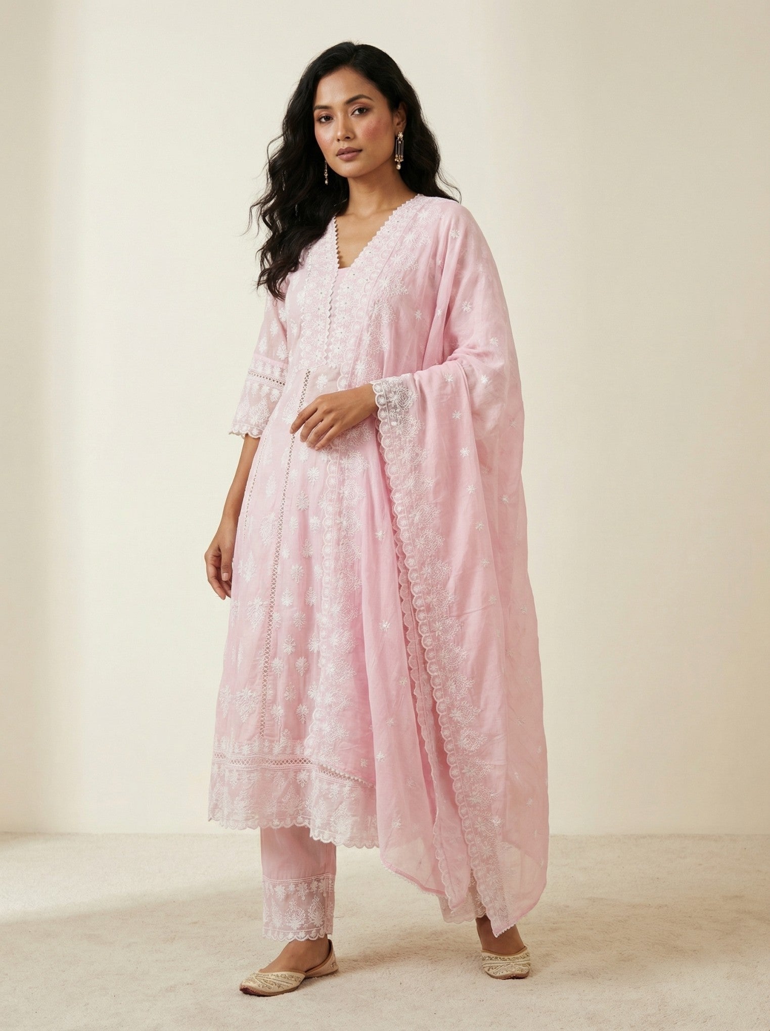 Pink Blue Cotton Embroidered Anarkali Suit Set