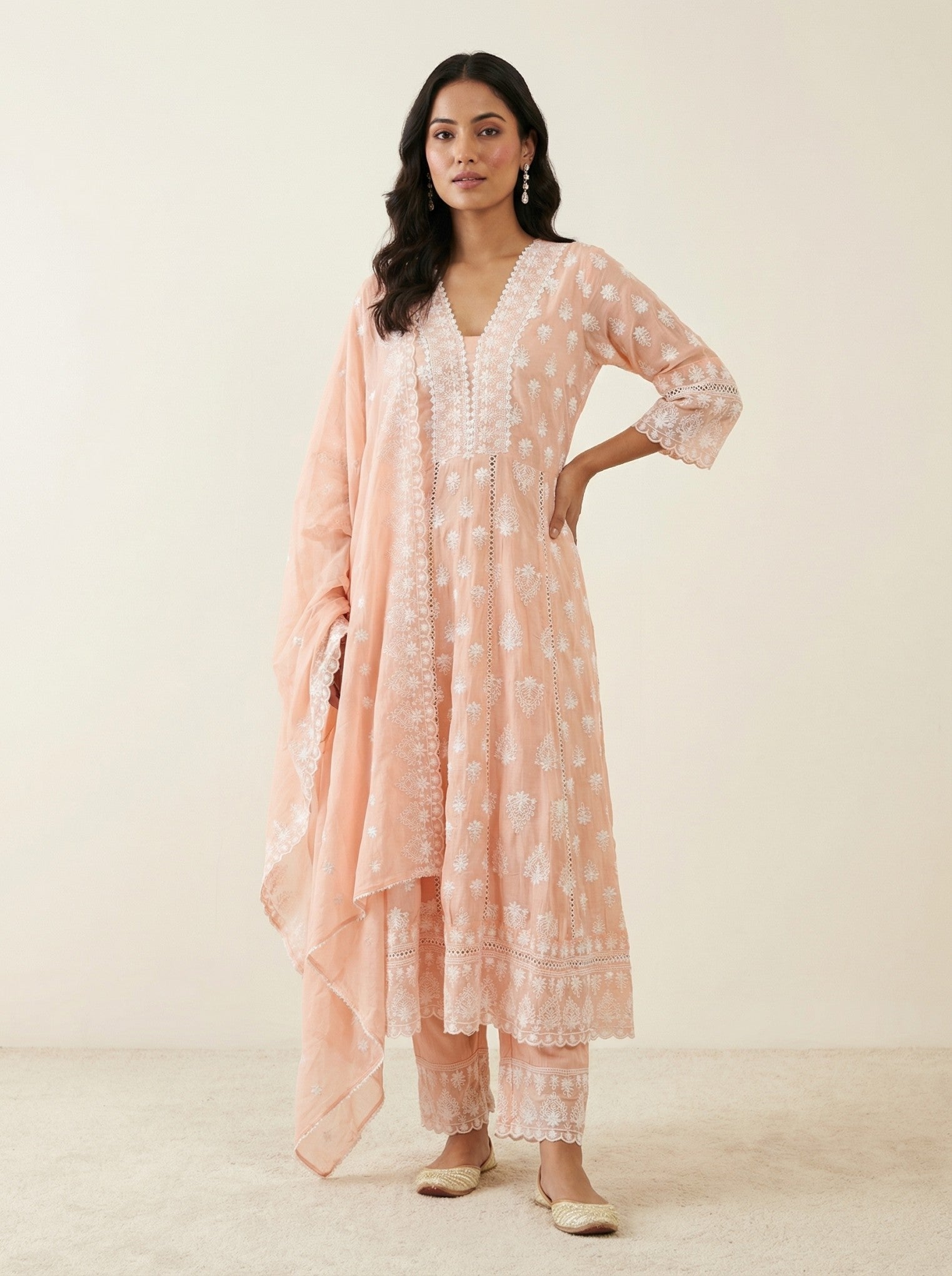 Peach Cotton Embroidered Anarkali Suit Set