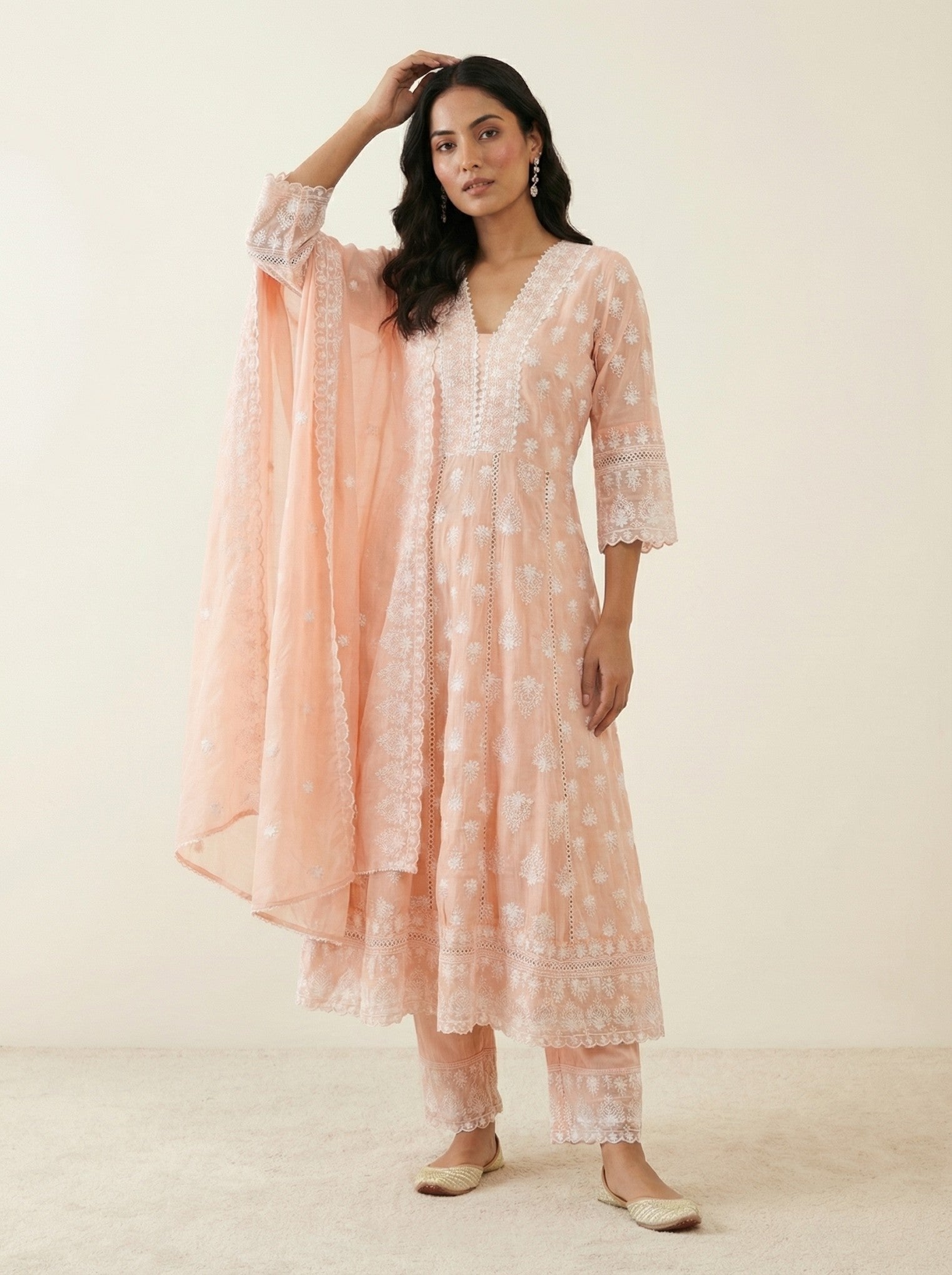 Peach Cotton Embroidered Anarkali Suit Set
