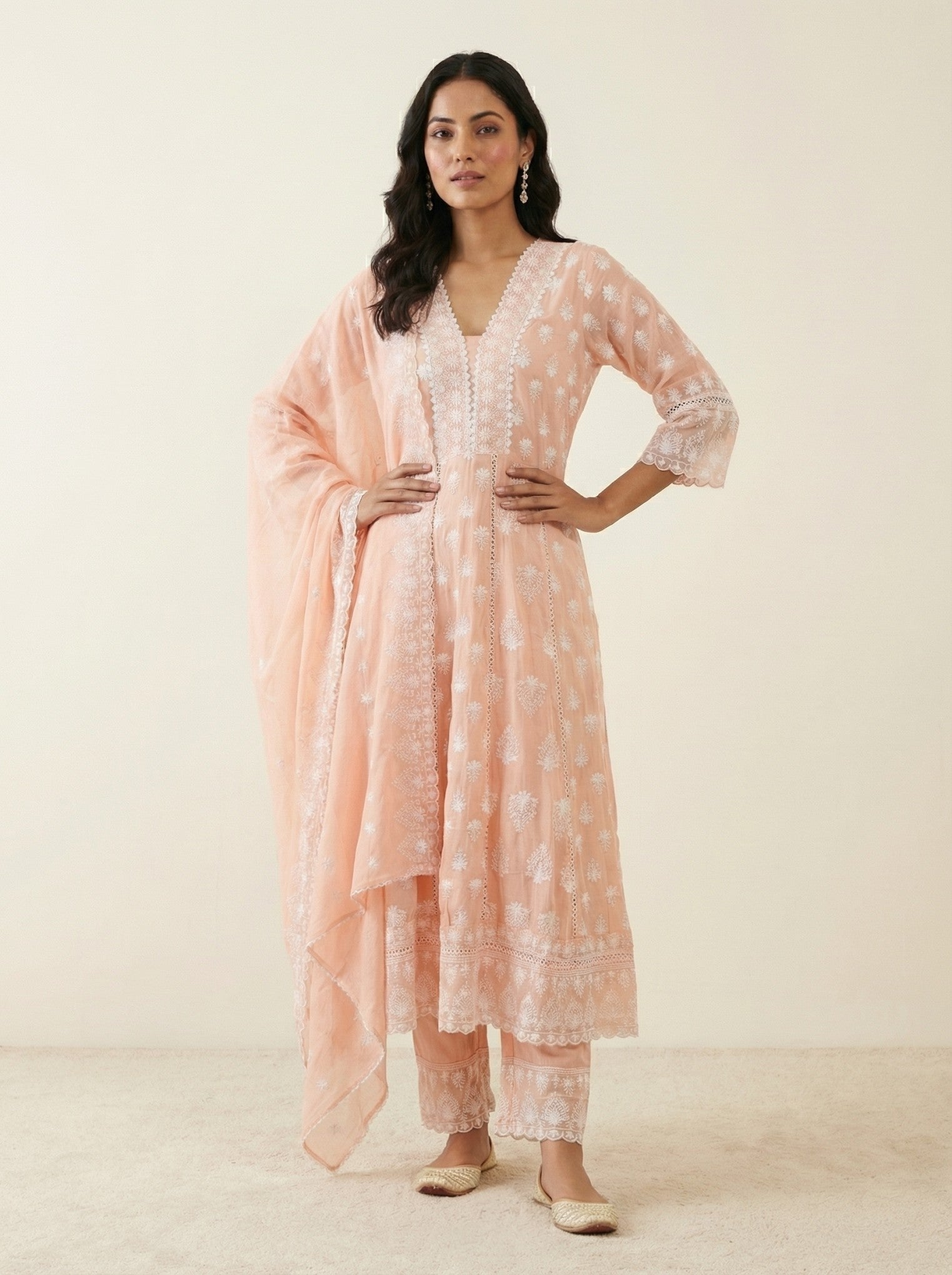 Peach Cotton Embroidered Anarkali Suit Set