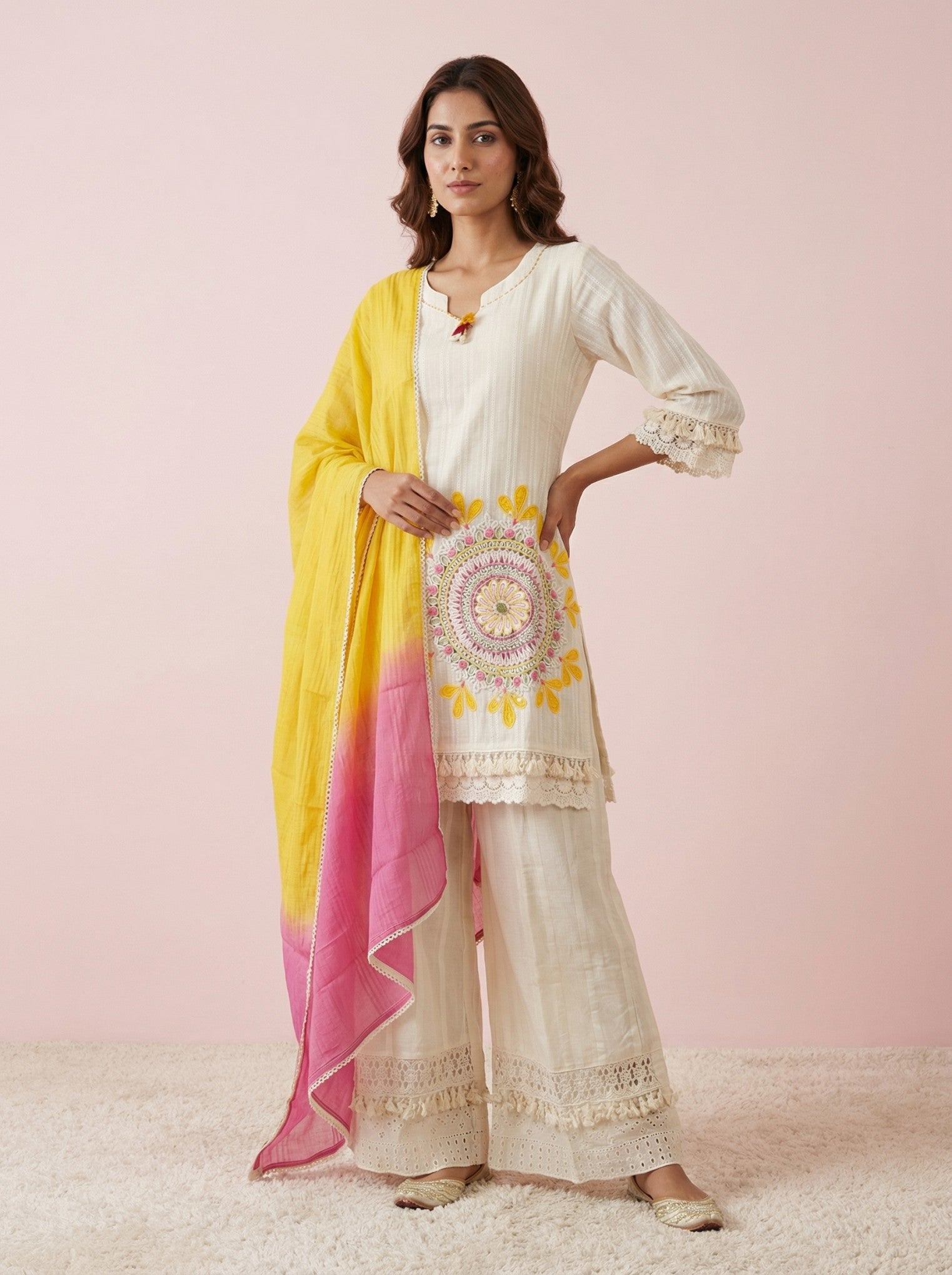 Ivory Cotton Embroidered Suit Set With Dupatta