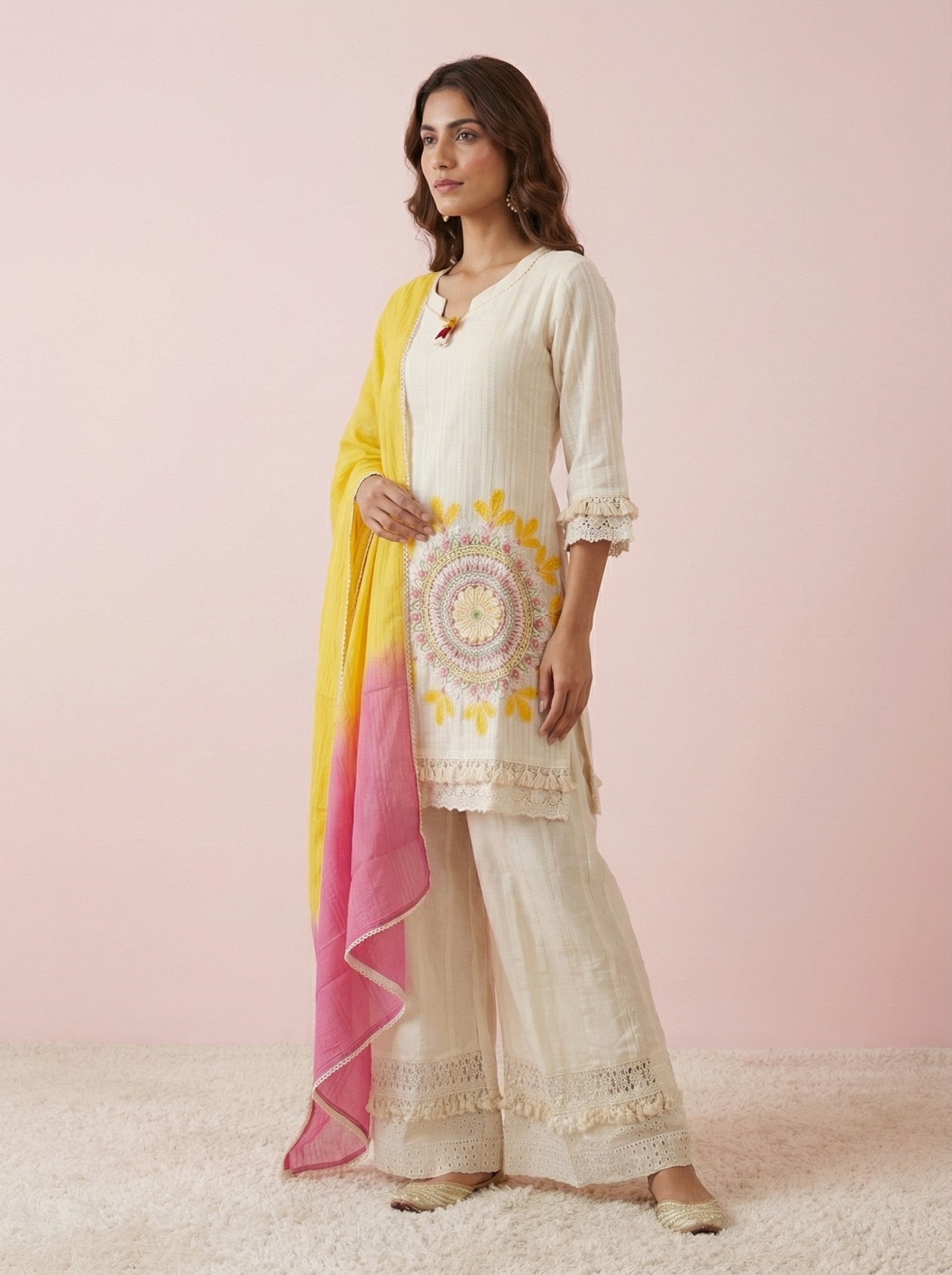 Ivory Cotton Embroidered Suit Set With Dupatta
