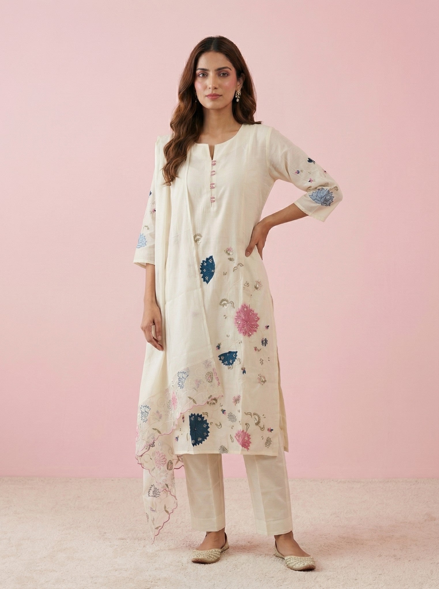 White Cotton Embroidered Suit Set With Dupatta