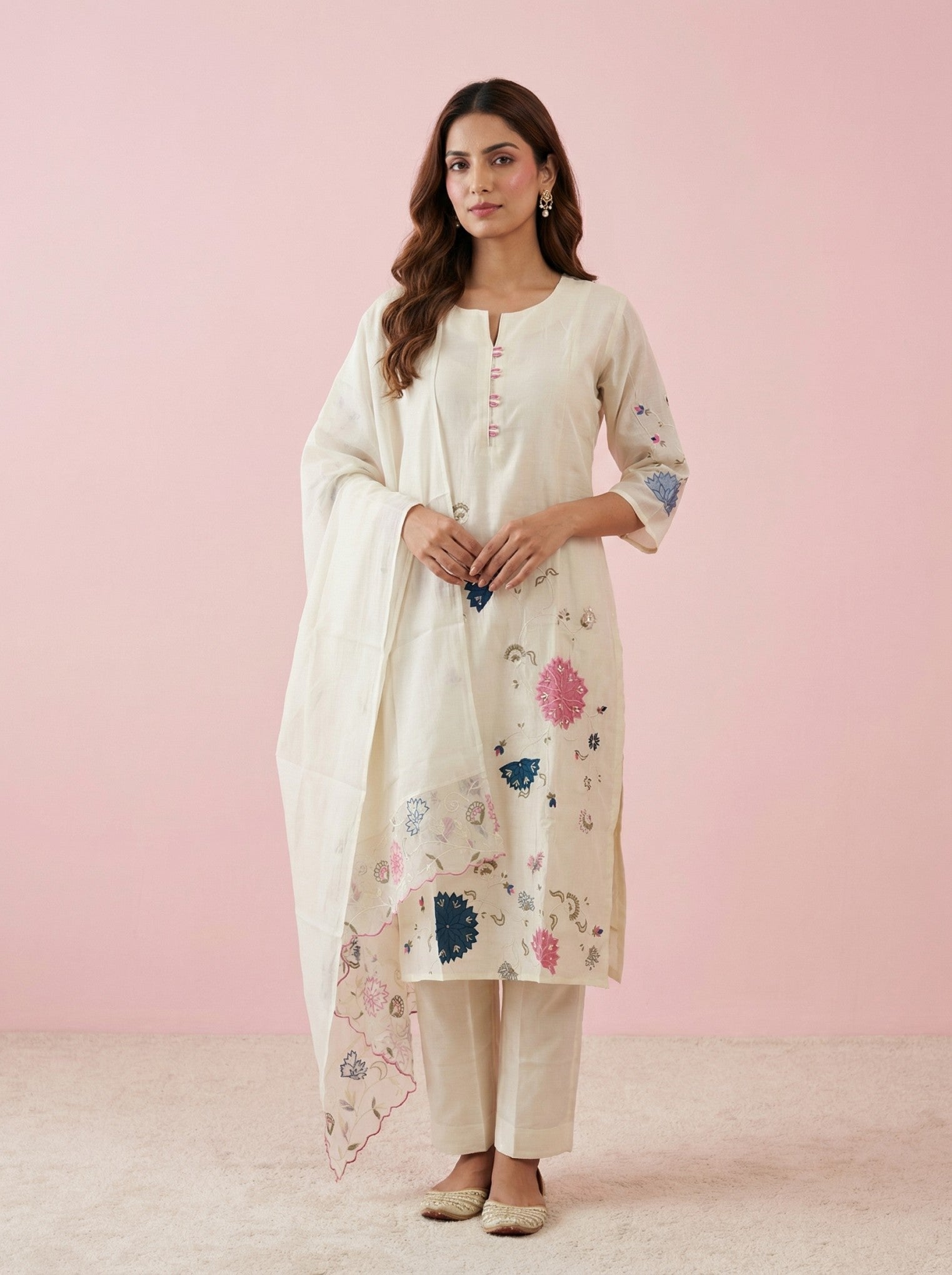White Cotton Embroidered Suit Set With Dupatta