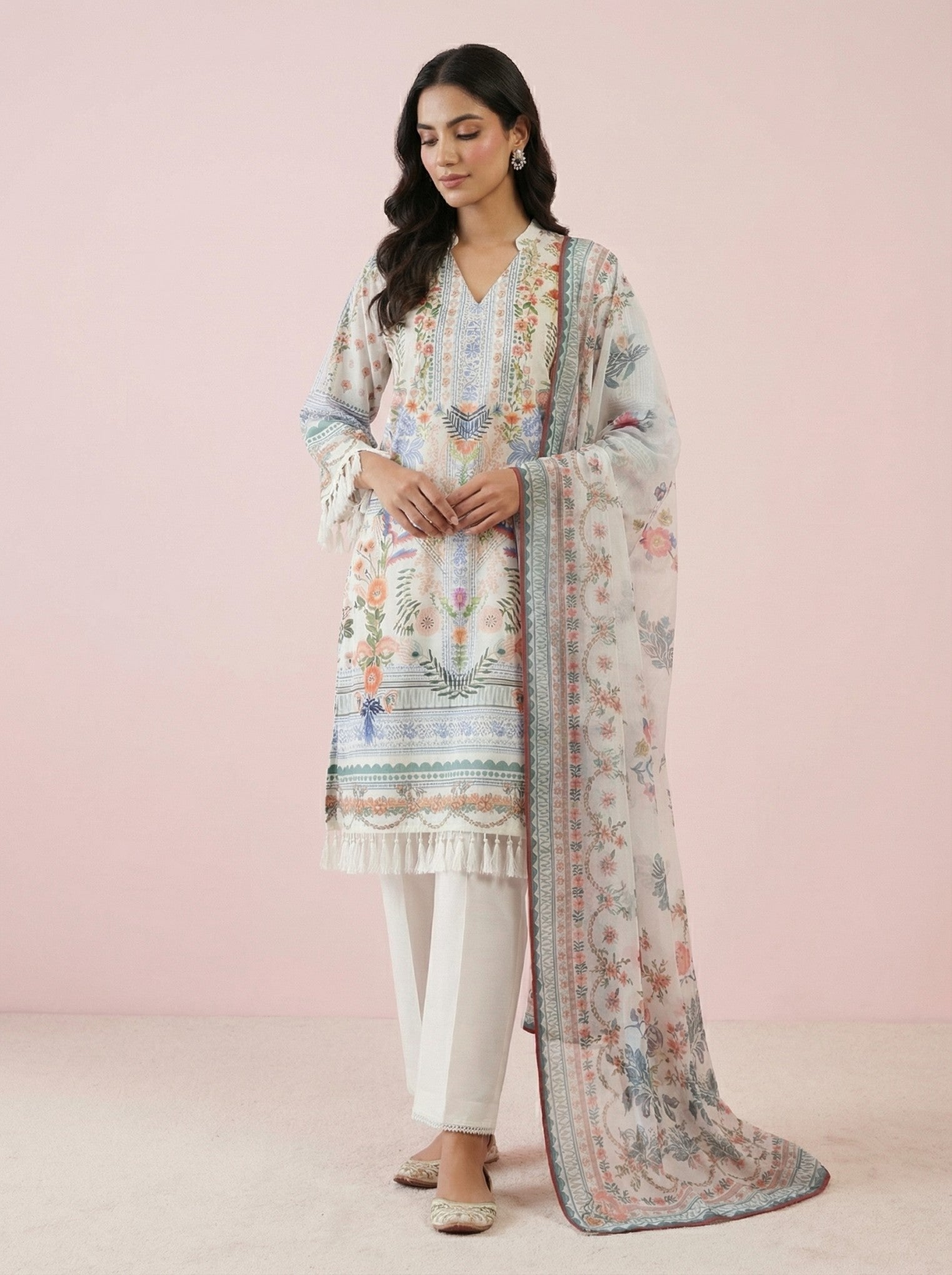 White Printed Silk Cotton Suit Set With Dupatta