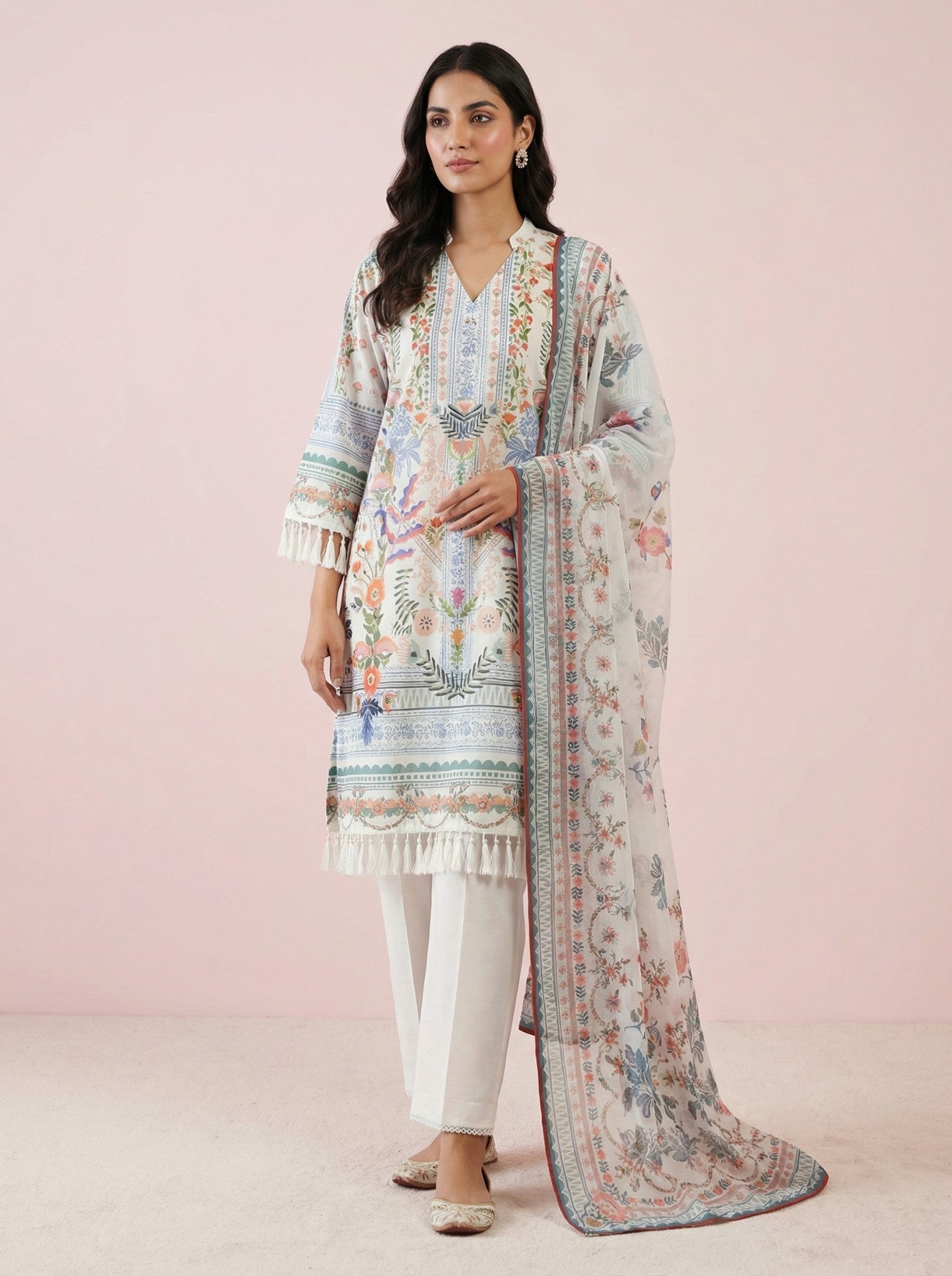 White Printed Silk Cotton Suit Set With Dupatta